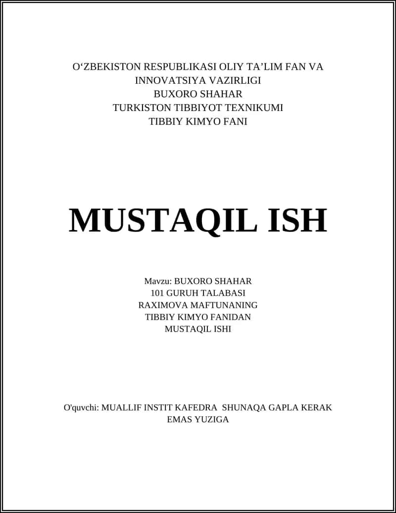 Maftunaning tibbiy kimyo fanidan mustaqil ish: Paratsetamolning jigar metabolizmi va toksik ta'siri