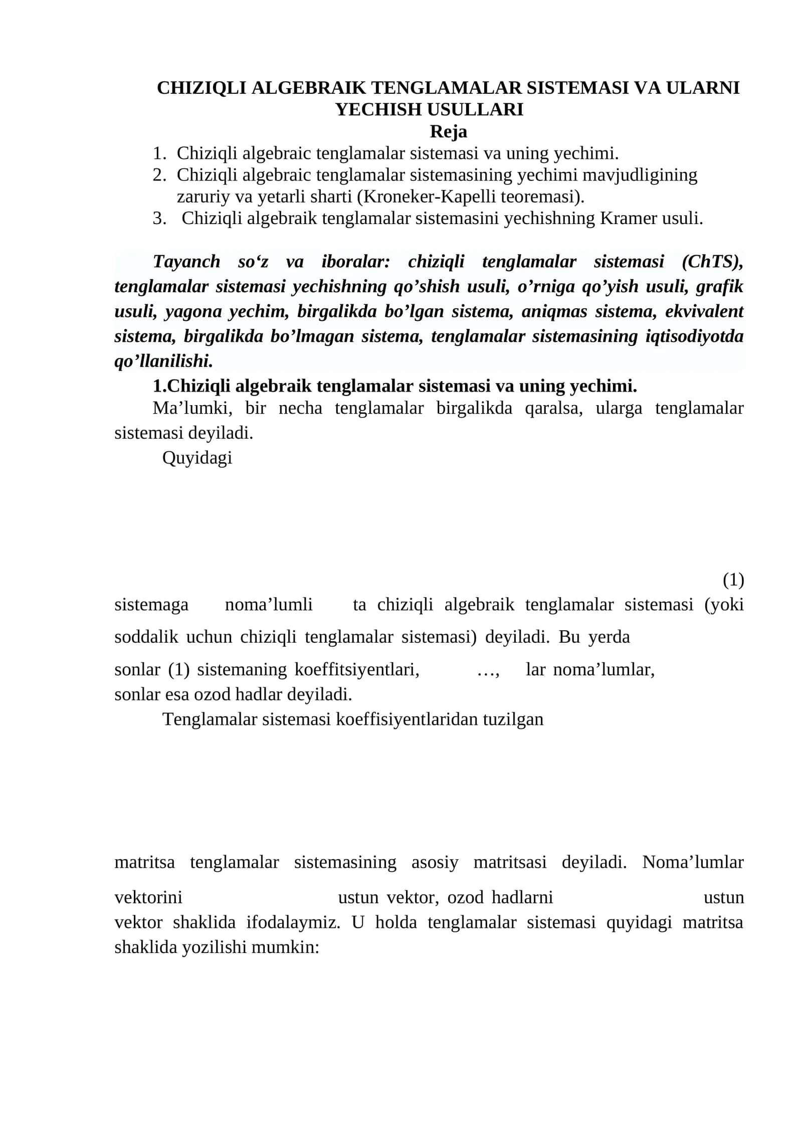 Chiziqli Algebraik Tenglamalar Sistemi va Ularni Yechish Usullari