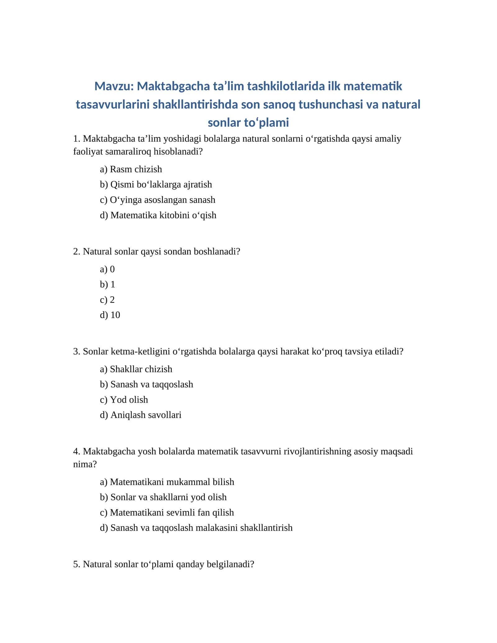 Maktabgacha taʼlim tashkilotlarida ilk matematik tasavvurlarini shakllantirishda son sanoq tushunchasi va natural sonlar to‘plami