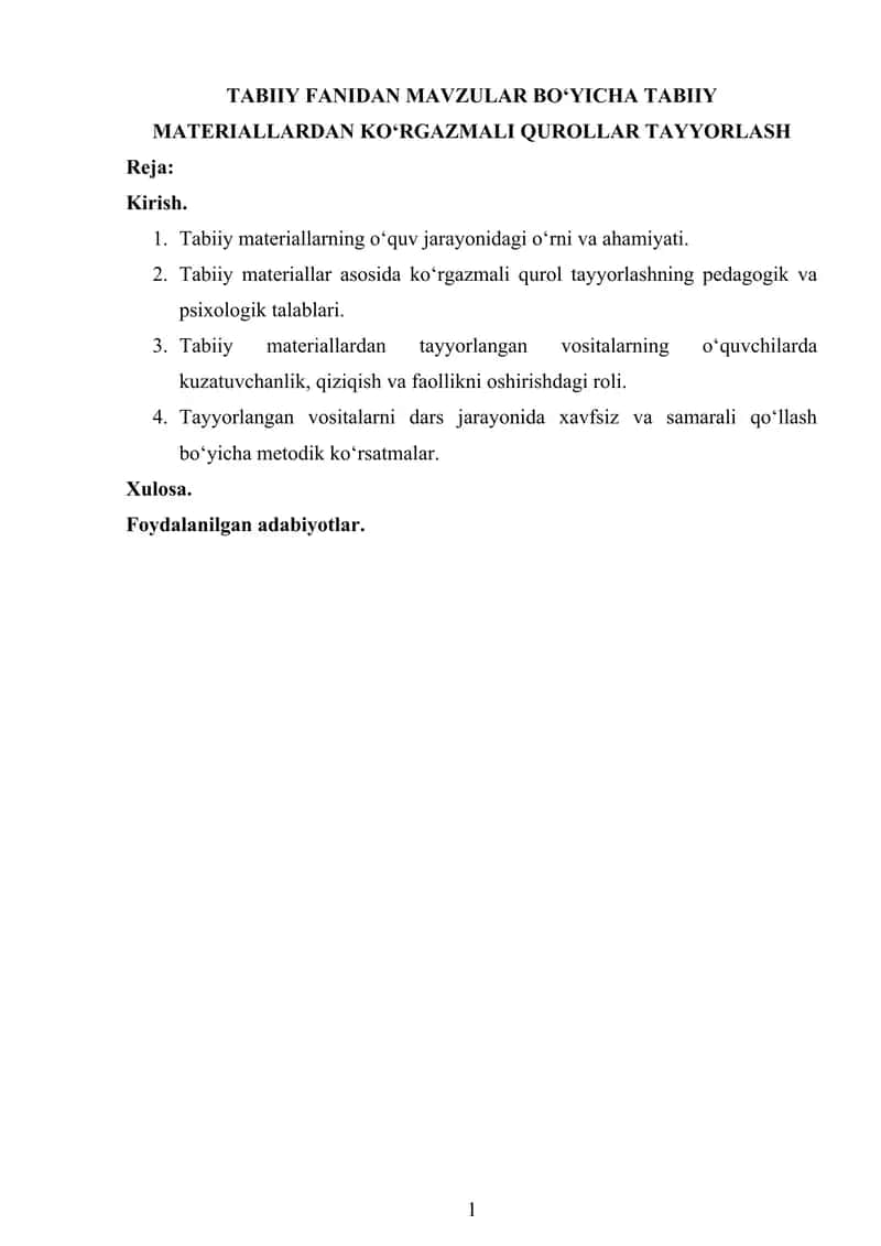 Tabiiy fanidan mavzular bo'yicha tabiiy materiallardan ko'rgazmali qurollar tayyorlash