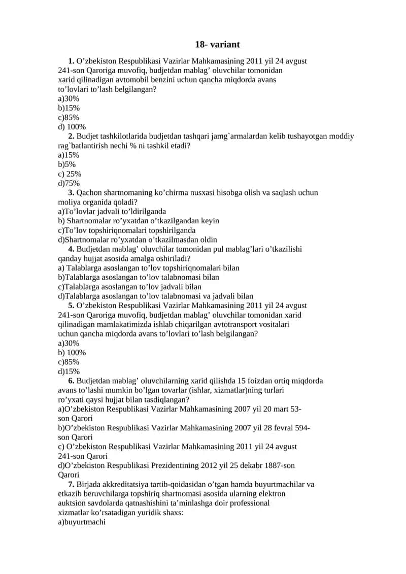 O'zbekiston Respublikasi Vazirlar Mahkamasining 2011 yil 24 avgust 241-son Qarori