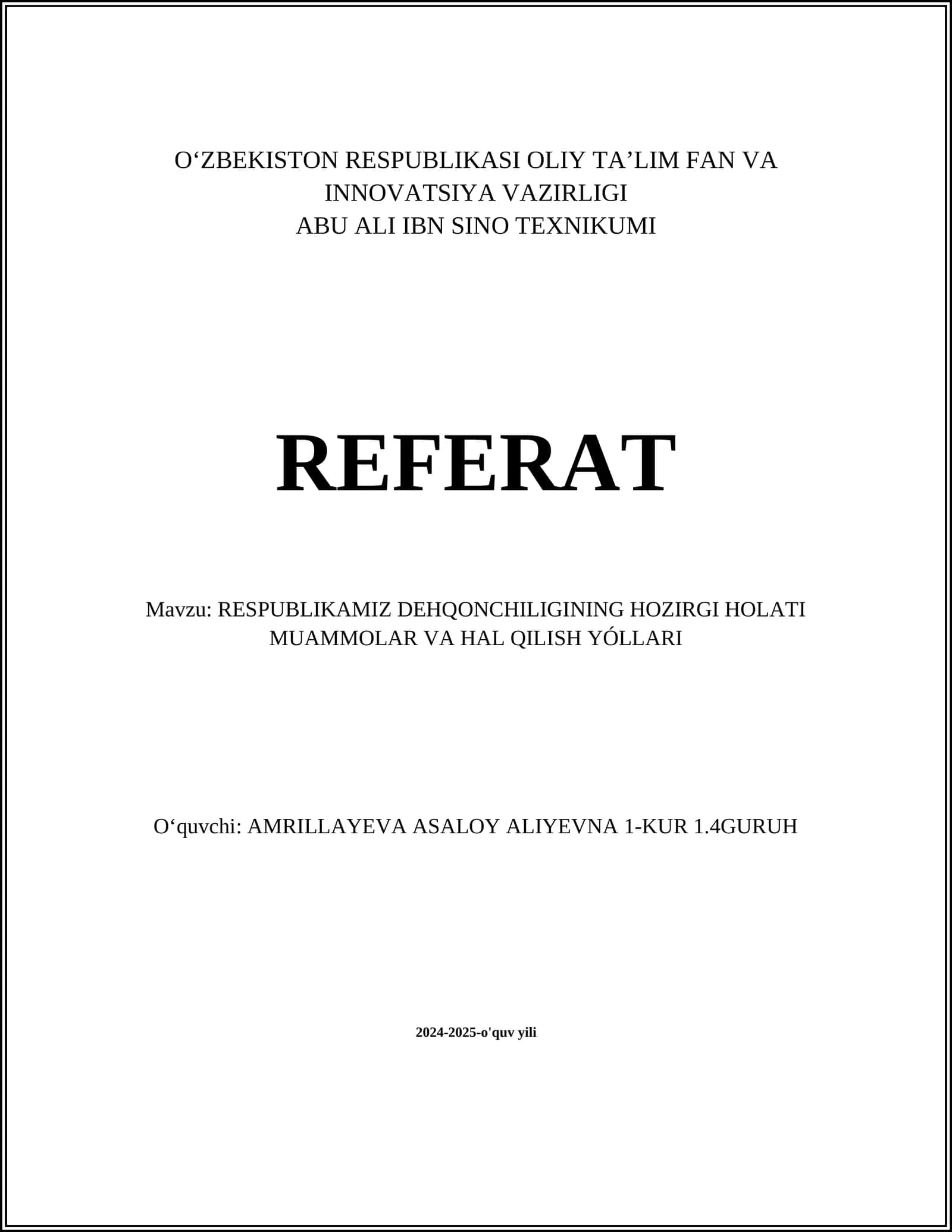 RESPUBLIKAMIZ DEHQONCHILIGININ HOZIRGI HOLATI MUAMMOLAR VA HAL QILISH YÓLLARI