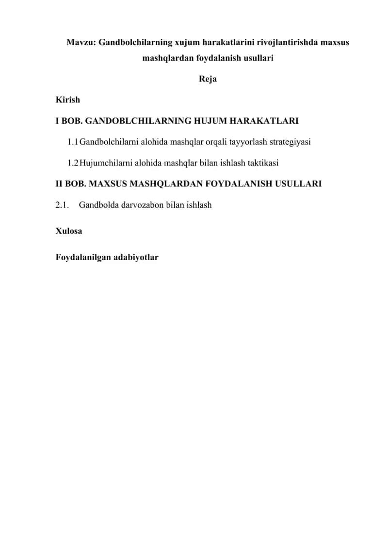 Gandbolchilarning xujum harakatlarini rivojlantirishda maxsus mashqlardan foydalanish usullari