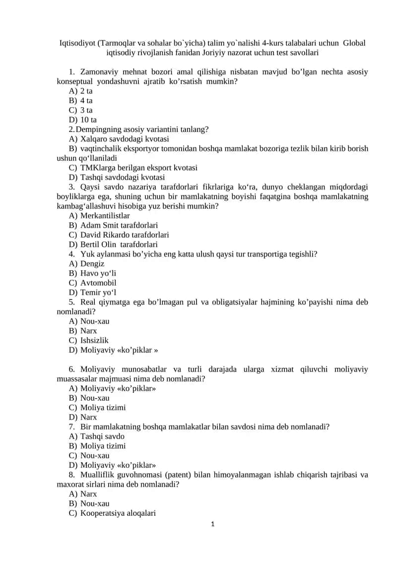 Global iqtisodiy rivojlanish fanidan Joriyiy nazorat uchun test savollari