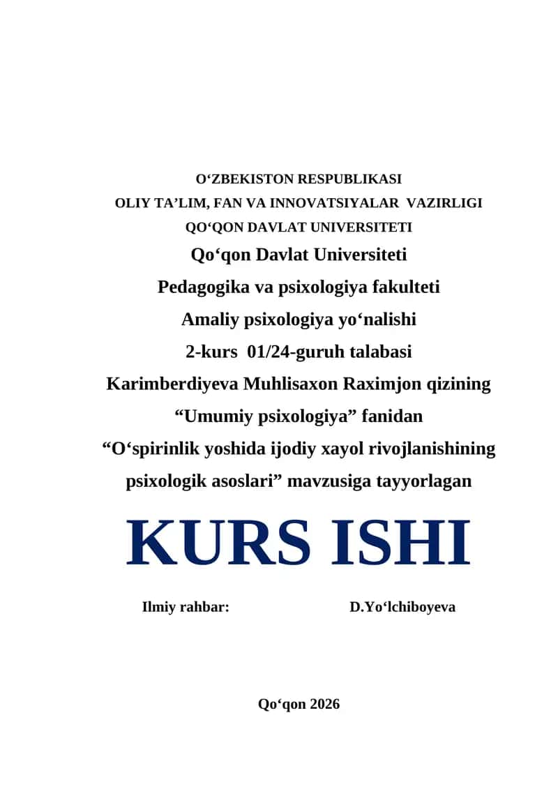 Umumiy psixologiya, "'Oʻspirinlik yoshida ijodiy xayol rivojlanishining psixologik asoslari" mavzusi