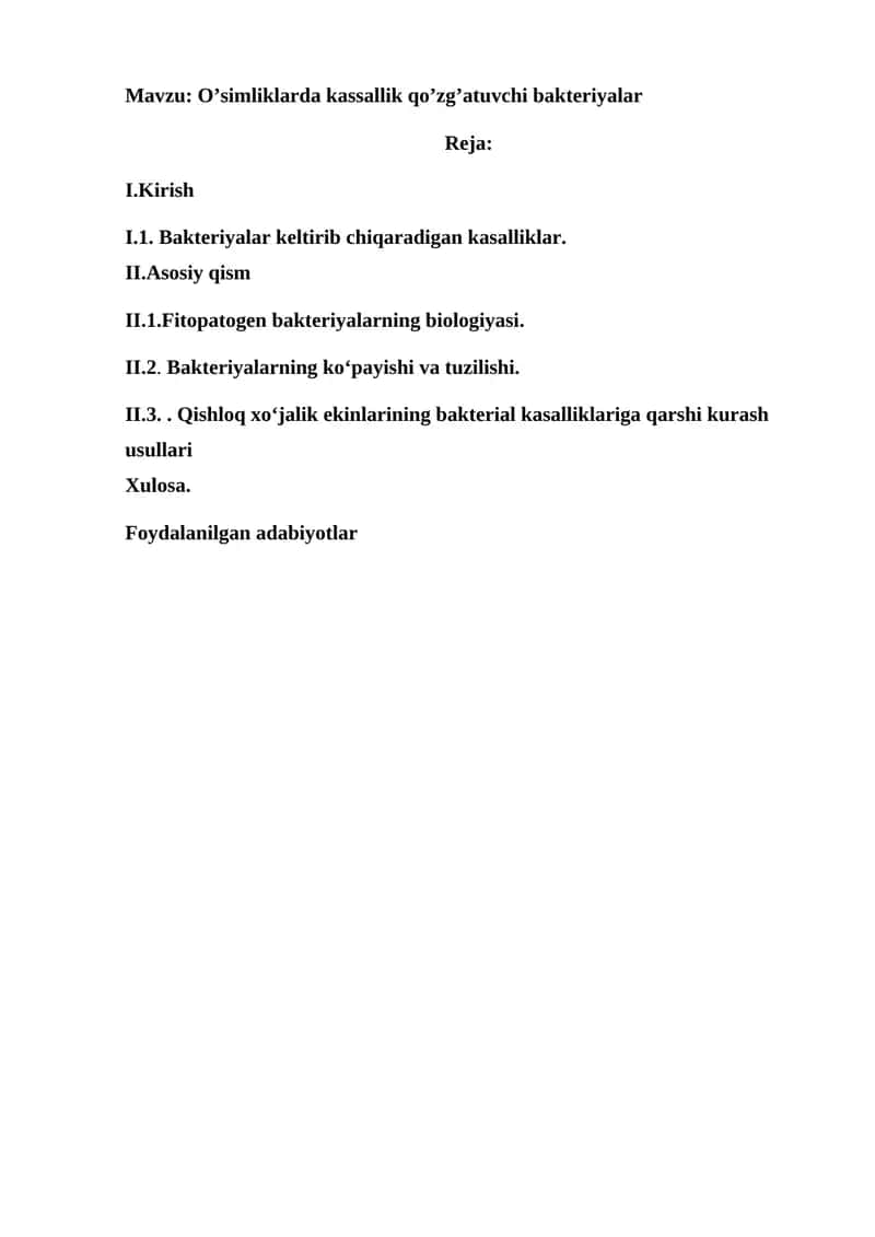 O’simliklarda kassallik qo’zg’atuvchi bakteriyalar