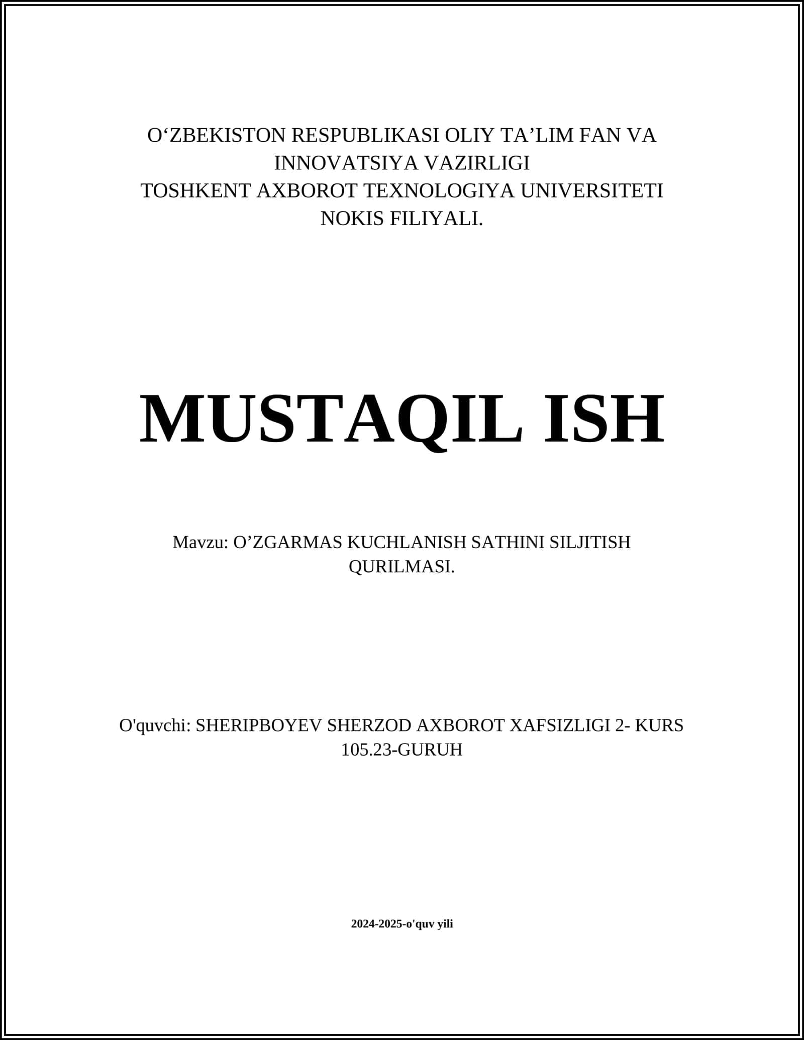 OʼZGARMAS KUCHLANISH SATHINI SILJITISH QURILMASI