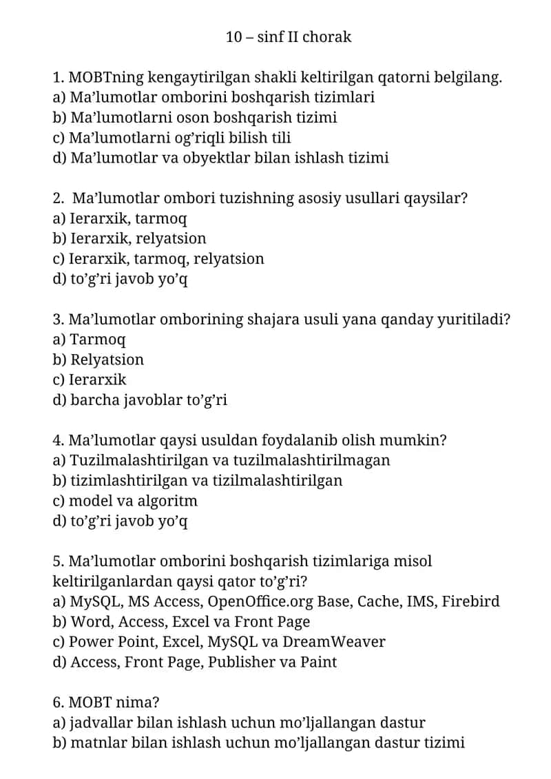 MOBTning kengaytirilgan shakli keltirilgan qatorni belgilang