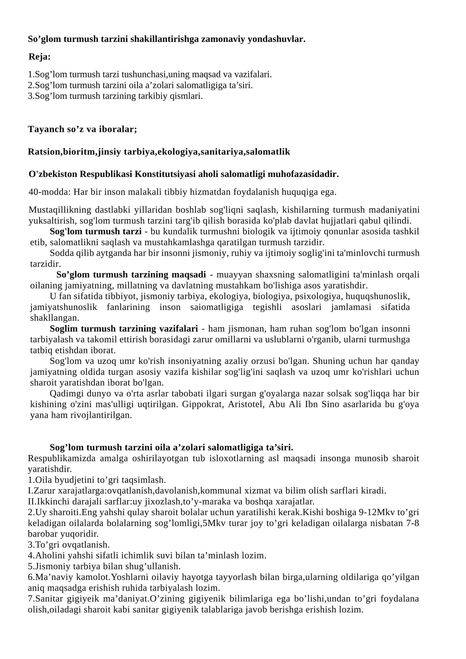 So’glom turmush tarzini shakllantirishga zamonaviy yondashuvlar
