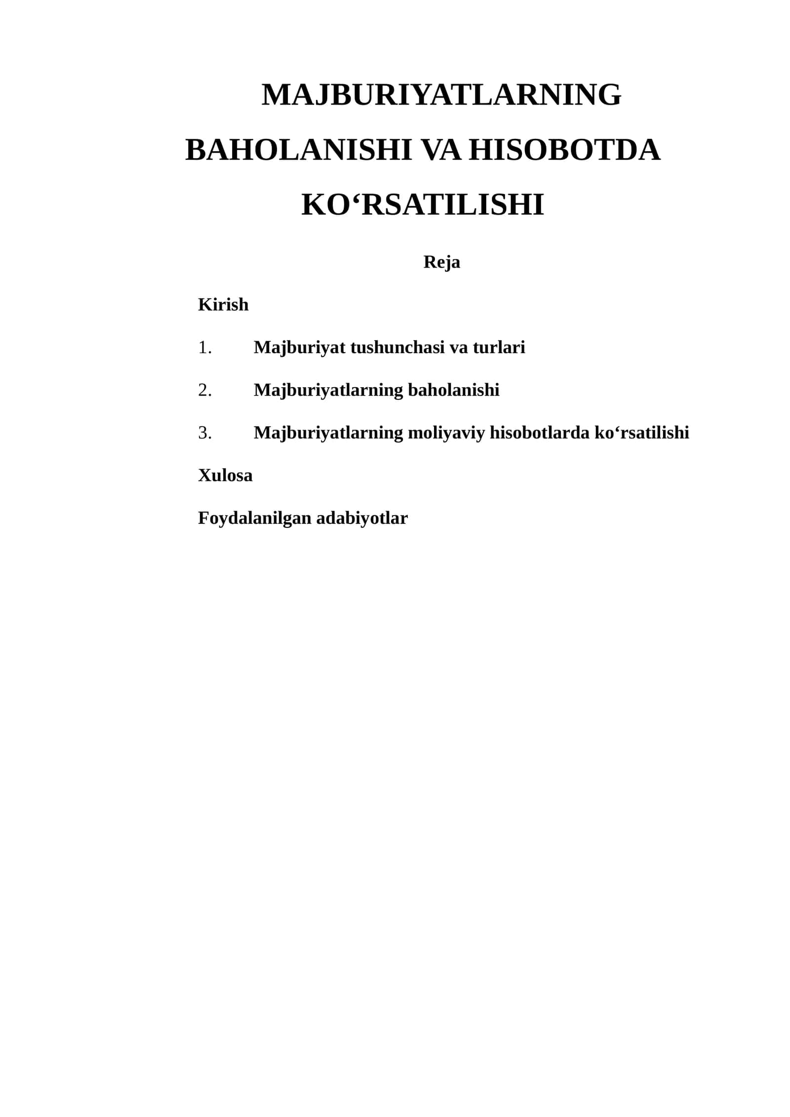 MAJBURIYATLARNING BAHOLANISHI VA HISOBOTDA KO‘RSATILISHI
