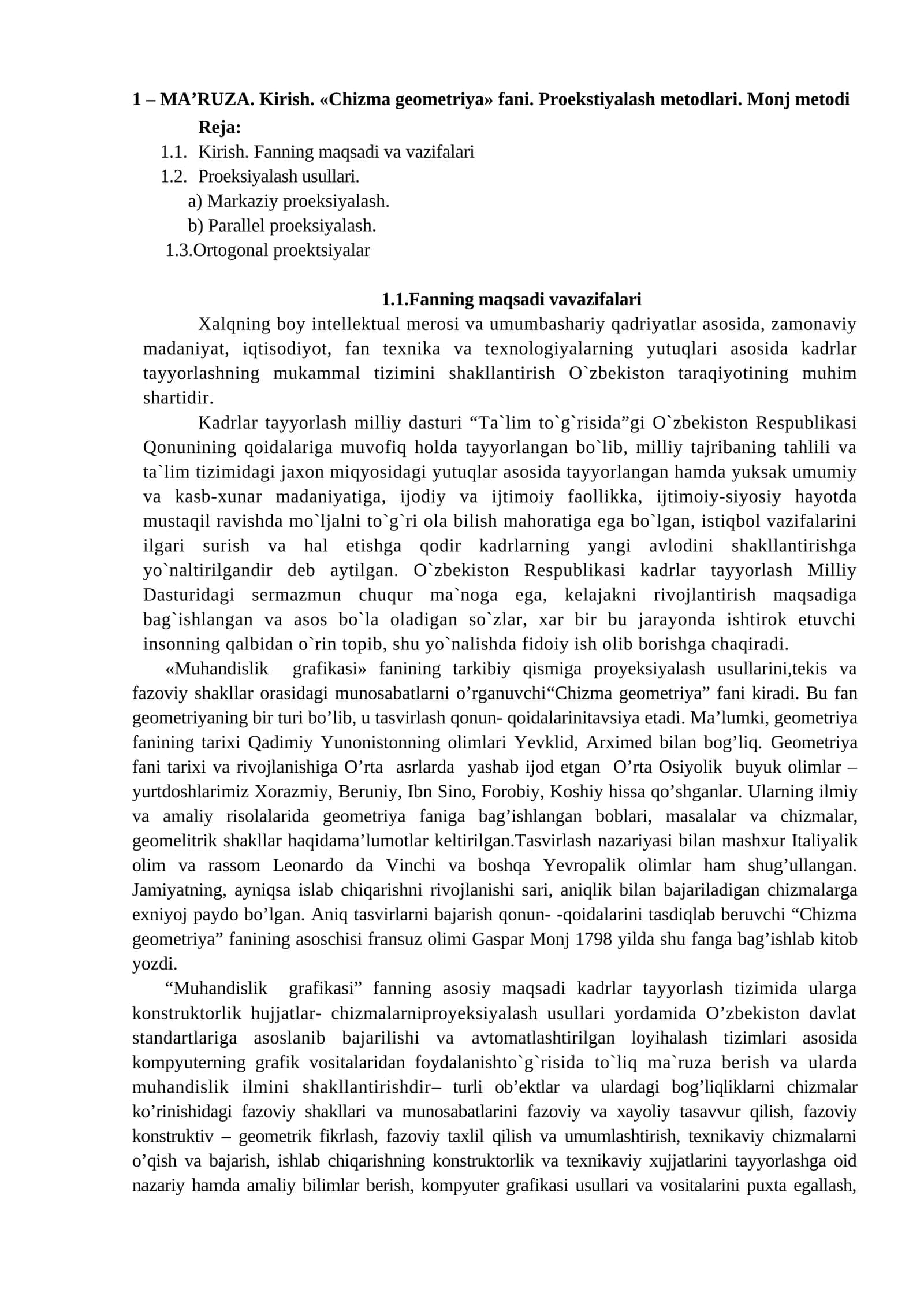 Chizma geometriya fani. Proekstiyalash metodlari. Monj metodi