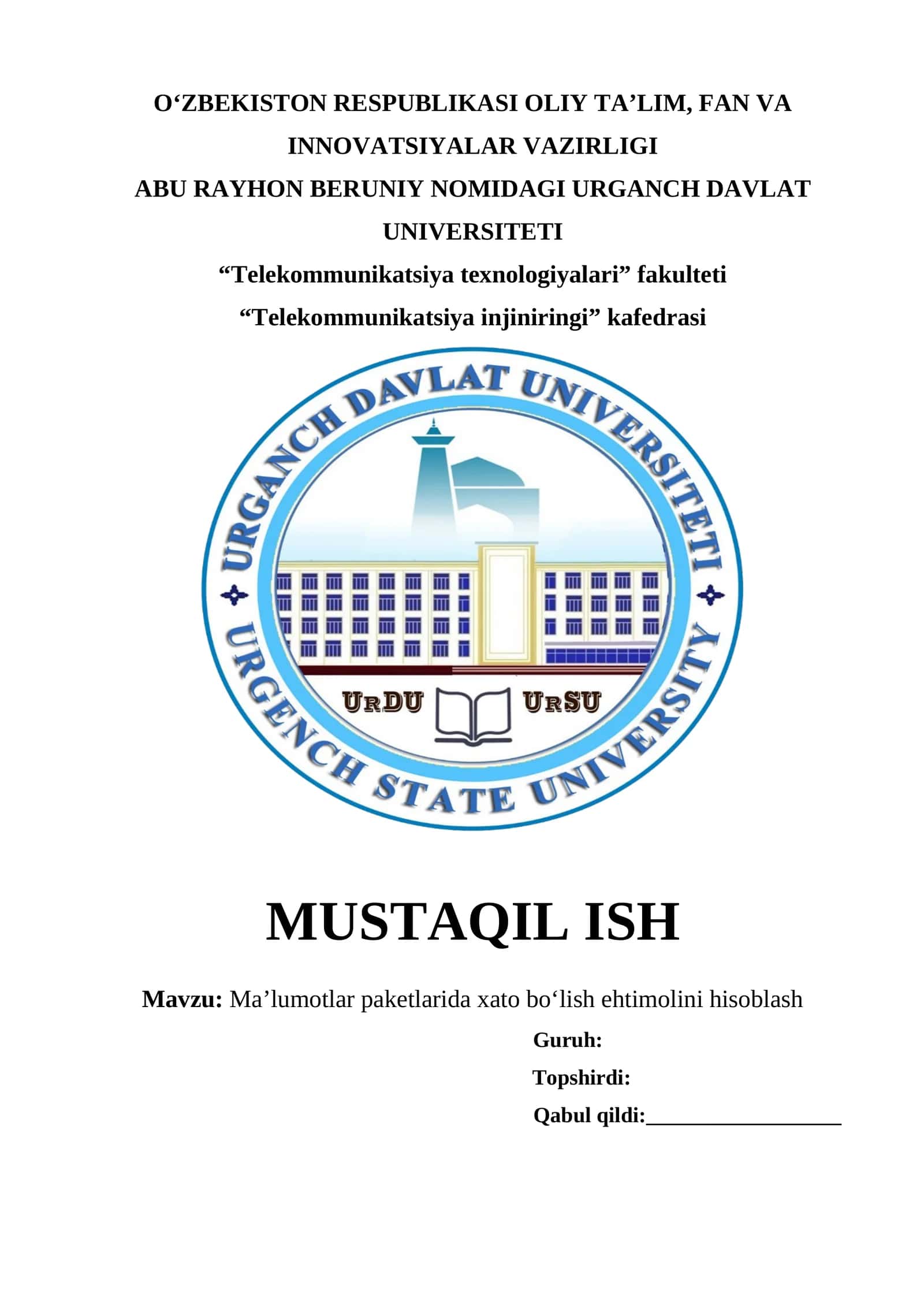 Ma’lumotlar paketlarida xato bo‘lish ehtimolini hisoblash
