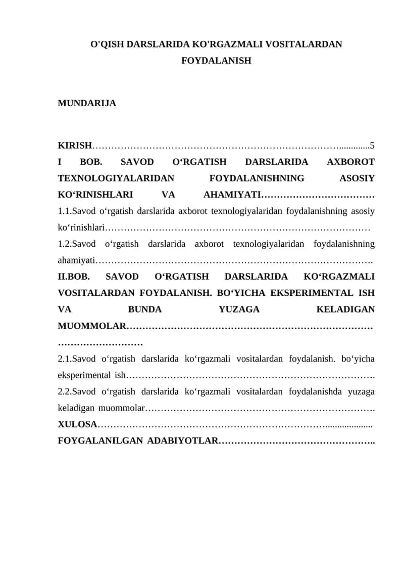 O'QISH DARSLARIDA KO'RGAZMALI VOSITALARDAN FOYDALANISH