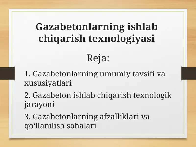 Gazabetonlarning ishlab chiqarish texnologiyasi