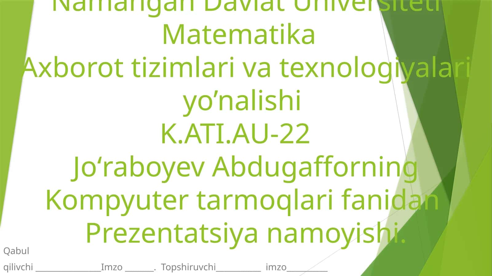 Kompyuter tarmoqlari fanidan Prezentatsiya