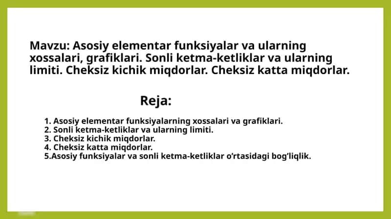 Asosiy elementar funksiyalar va ularning xossalari