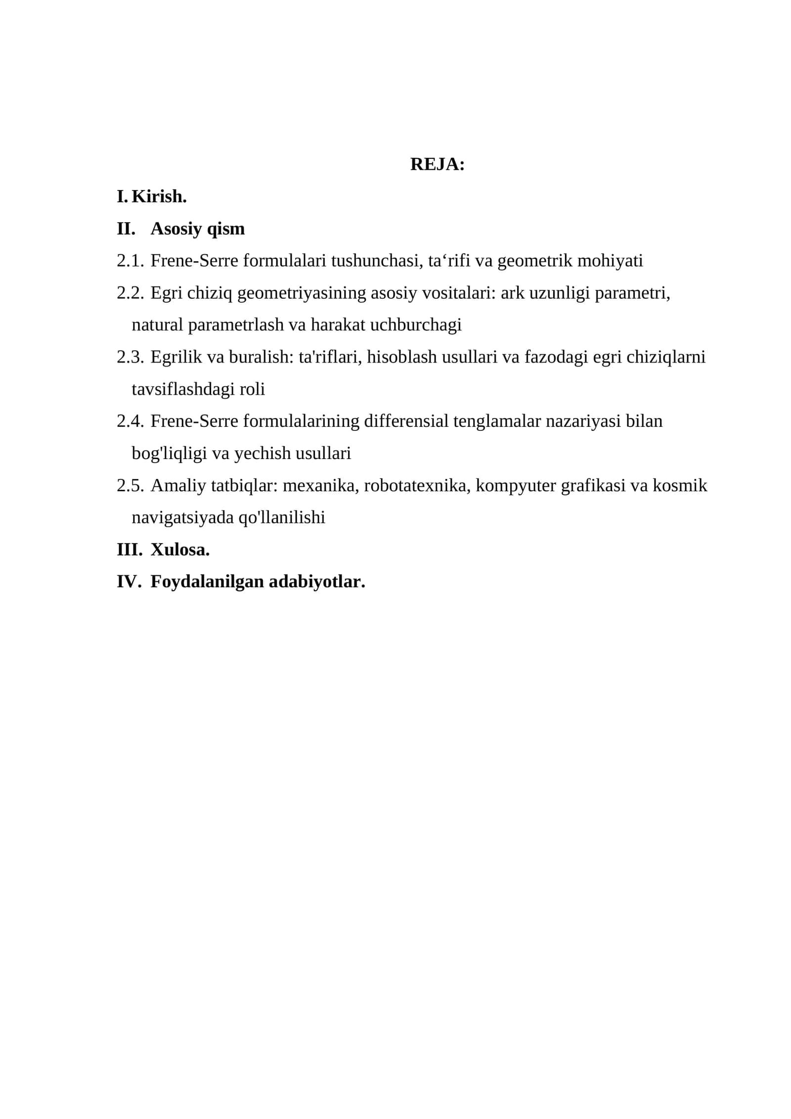 Frent-Serret formulalari va ularning qoʻllanilishi