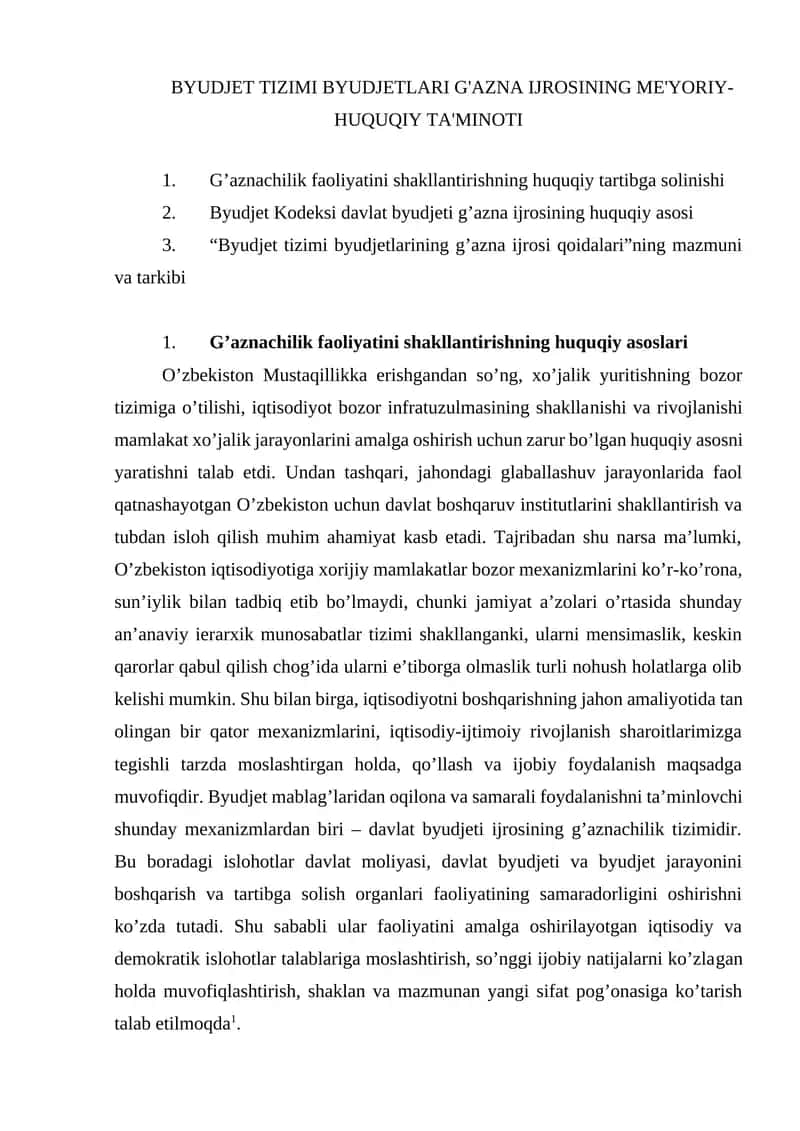 BYUDJET TIZIMI BYUDJETLARI G'AZNA IJROSINING ME'YORIY-HUQUQIY TA'MINOTI