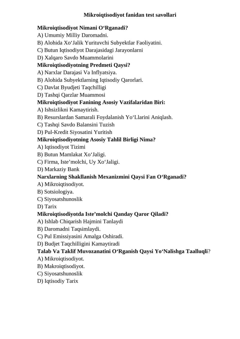 Mikroiqtisodiyot fanidan test savollari
