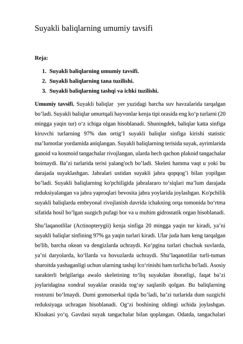Suyakli baliqlarning umumiy tavsifi