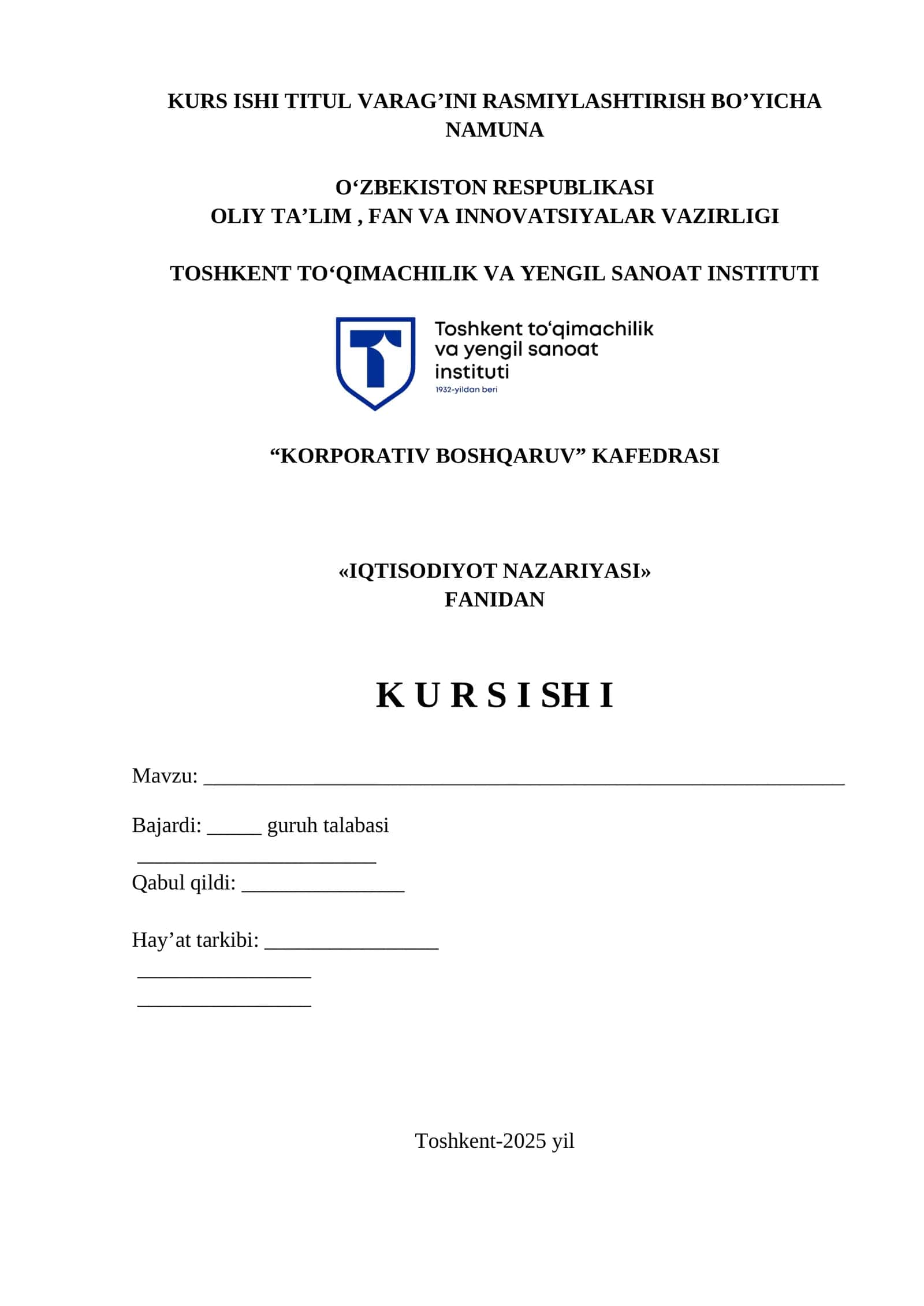 KURS ISHI TITUL VARAG’INI RASMIYLASHTIRISH BO’YICHA NAMUNA