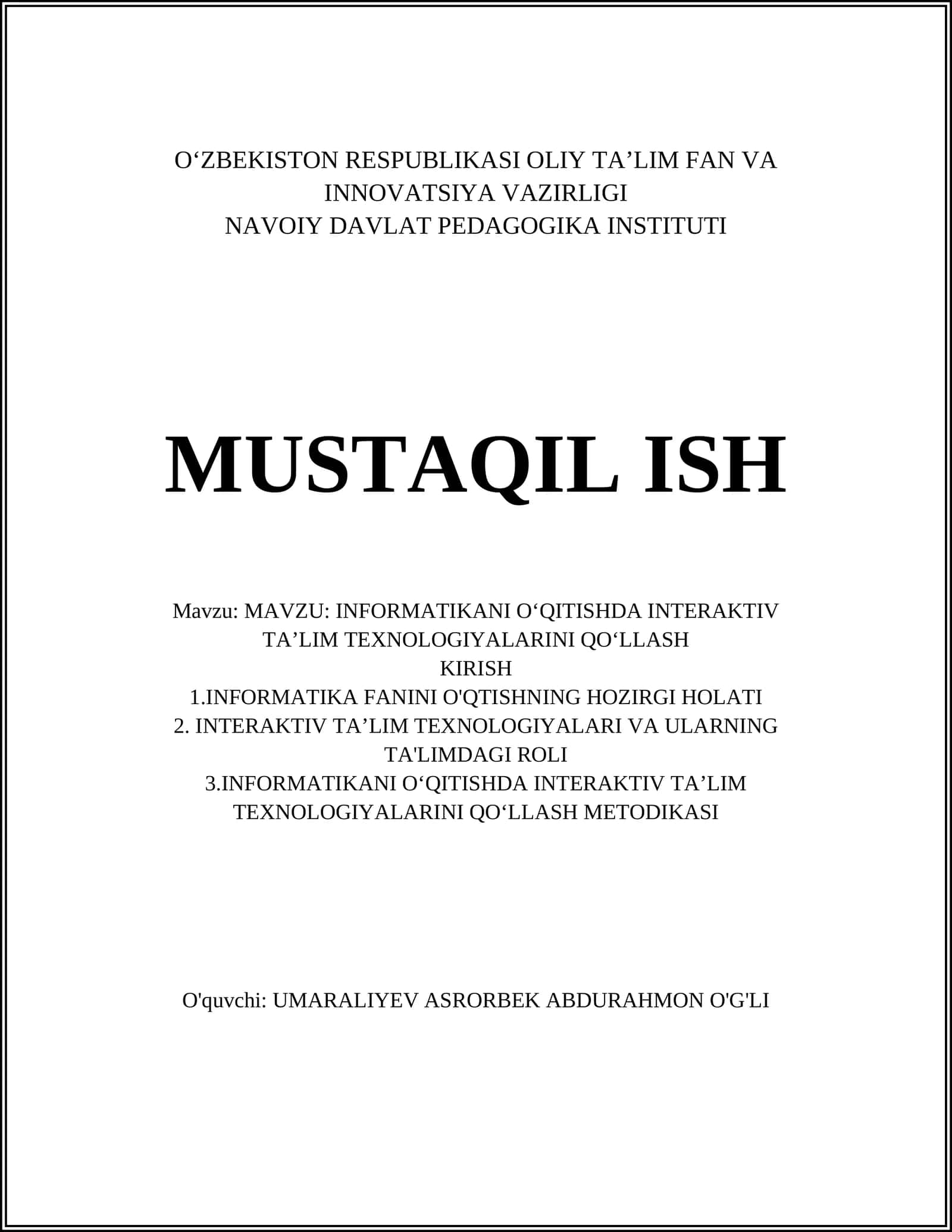 INFORMATIKANI O‘QITISHDA INTERAKTIV TA’LIM TEXNOLOGIYALARINI QO‘LLASH