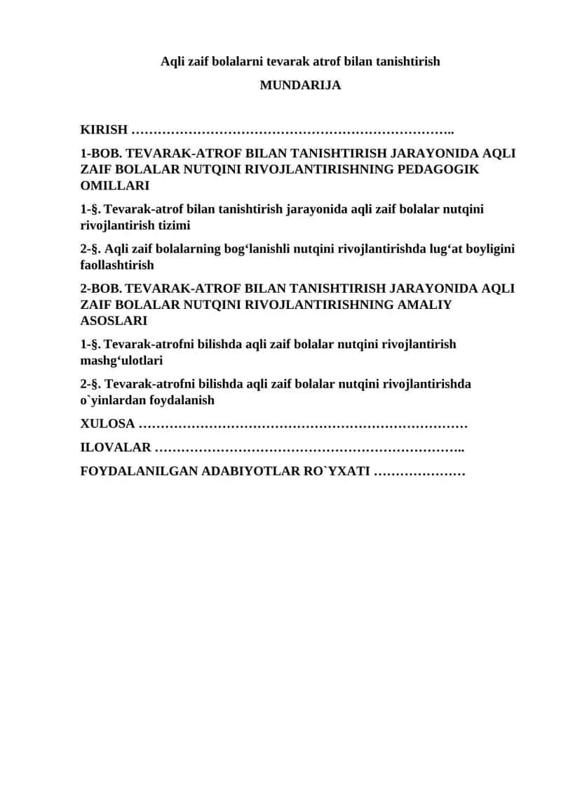 Aqli zaif bolalarni tevarak atrof bilan tanishtirish