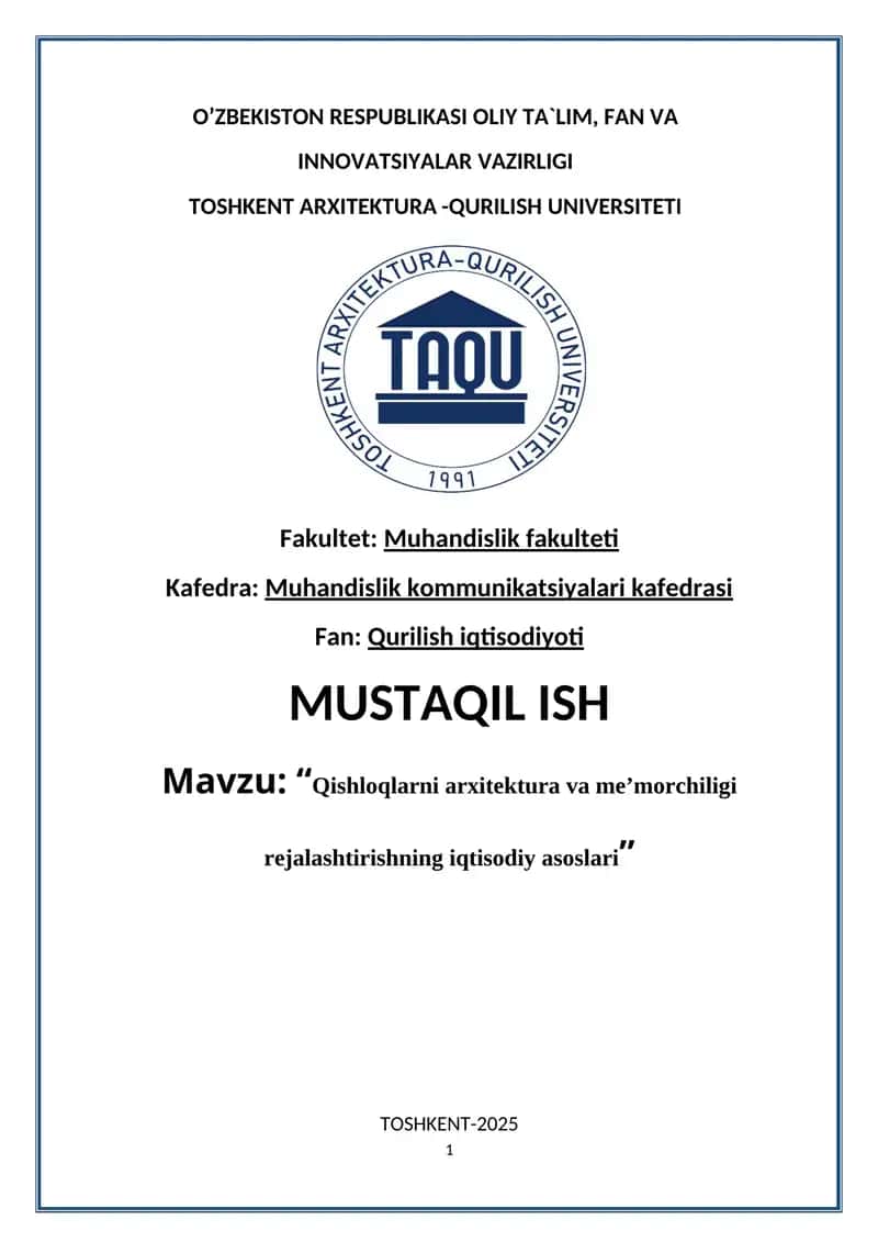 Qishloqlarni arxitektura va meʼmorchiligi rejalashtirishning iqtisodiy asoslari