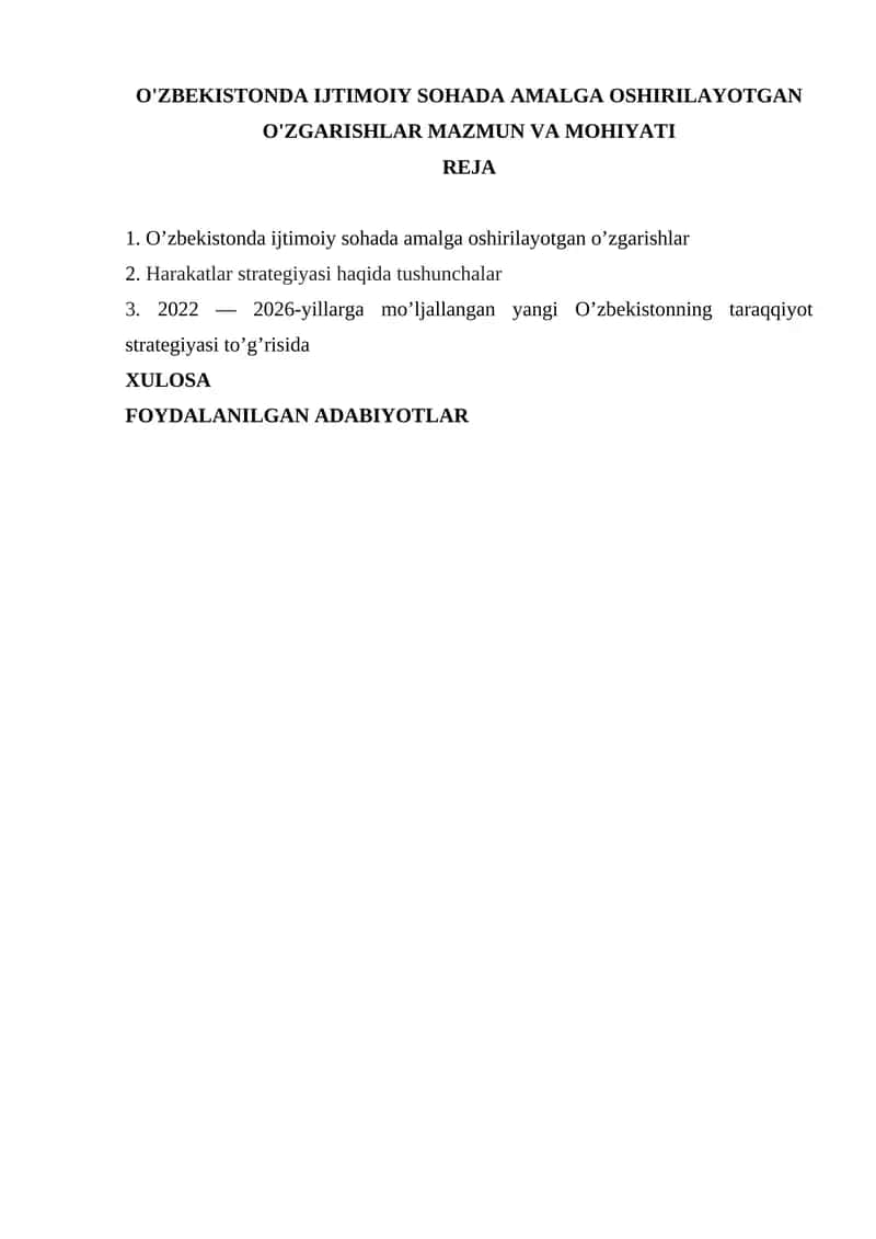 O'zbekistonda Ijtimoiy Sohada Amalga Oshirilayotgan O'zgarishlar Mazmuni