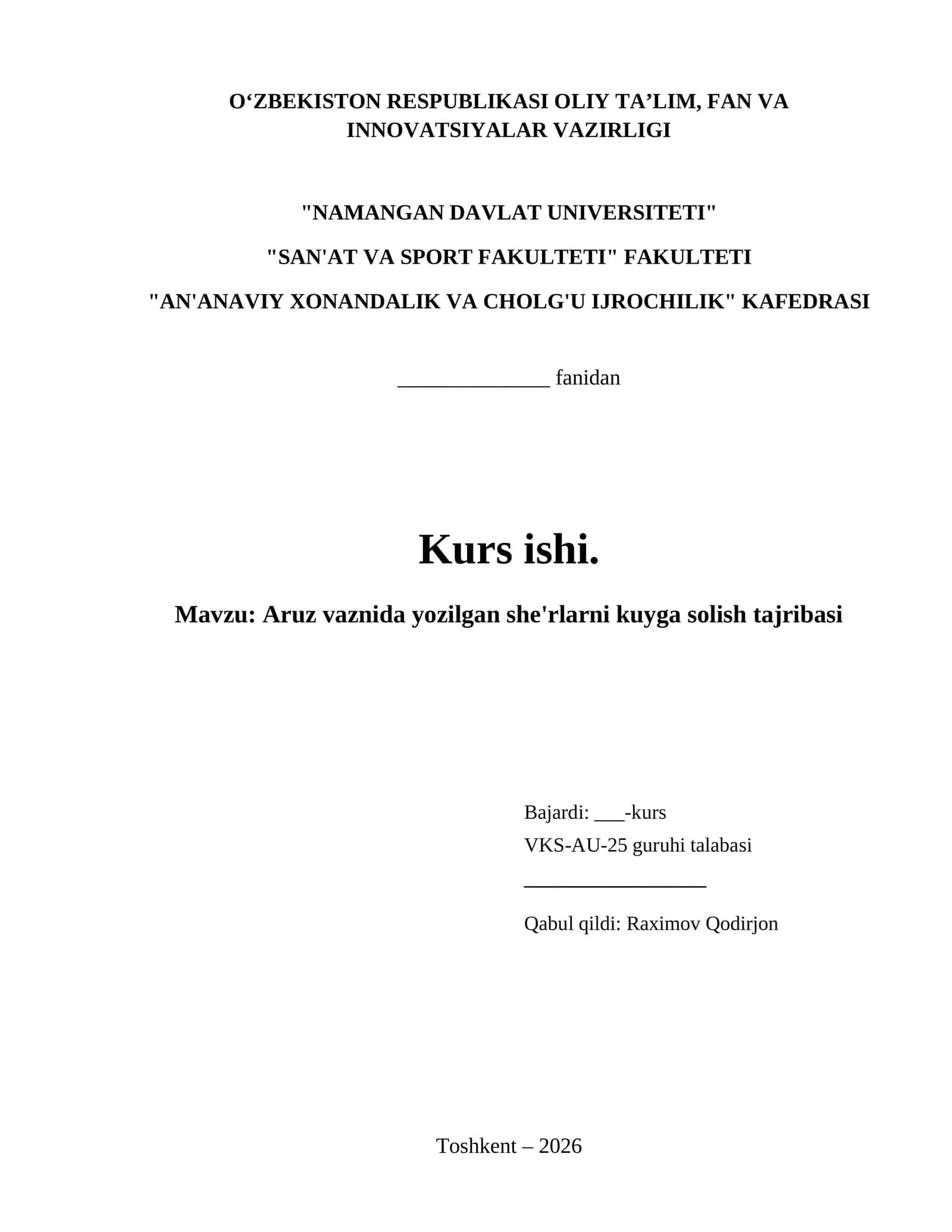 Aruz vaznida yozilgan she'rlarni kuyga solish tajribasi