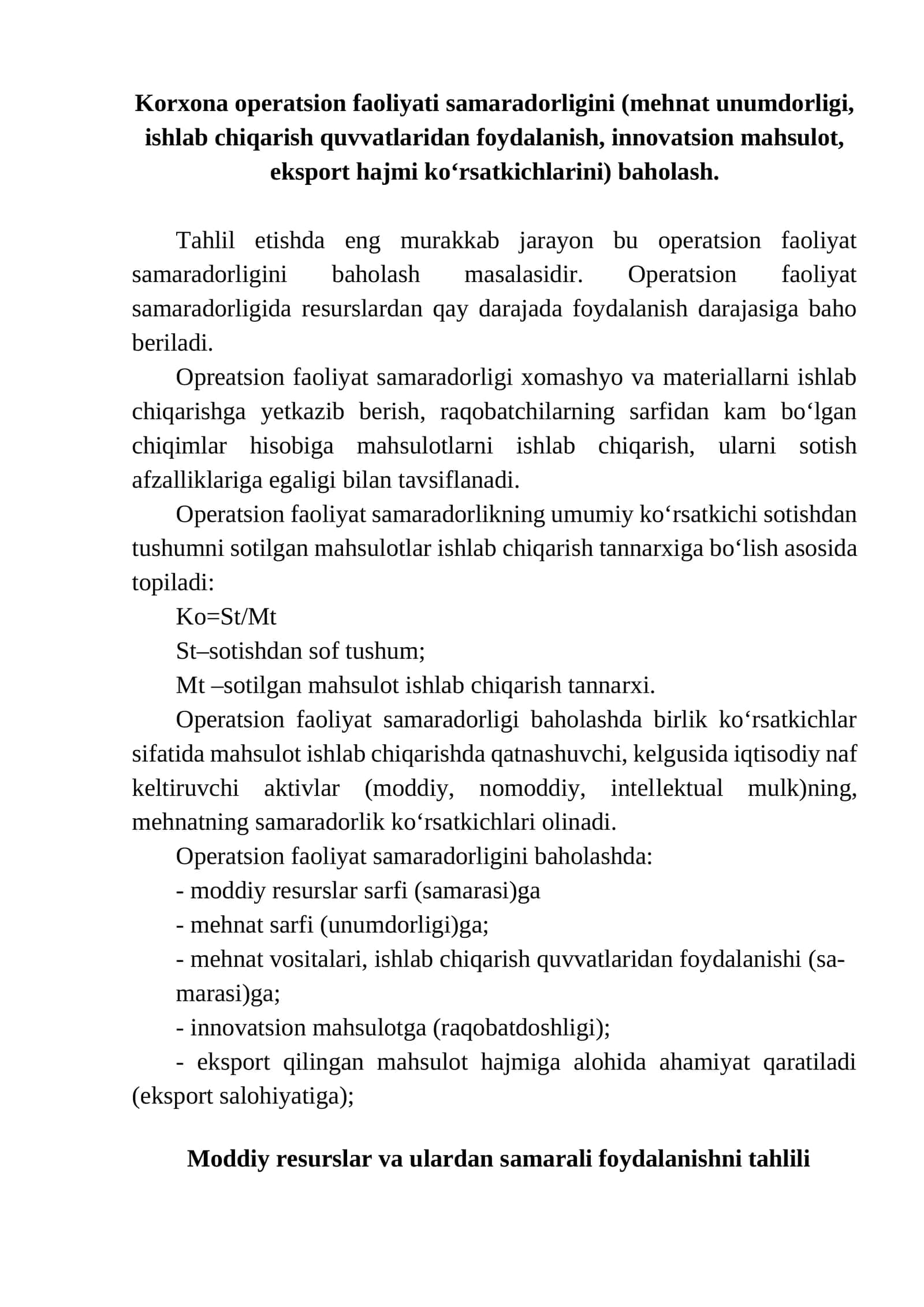 Korxona operatsion faoliyati samaradorligini baholash