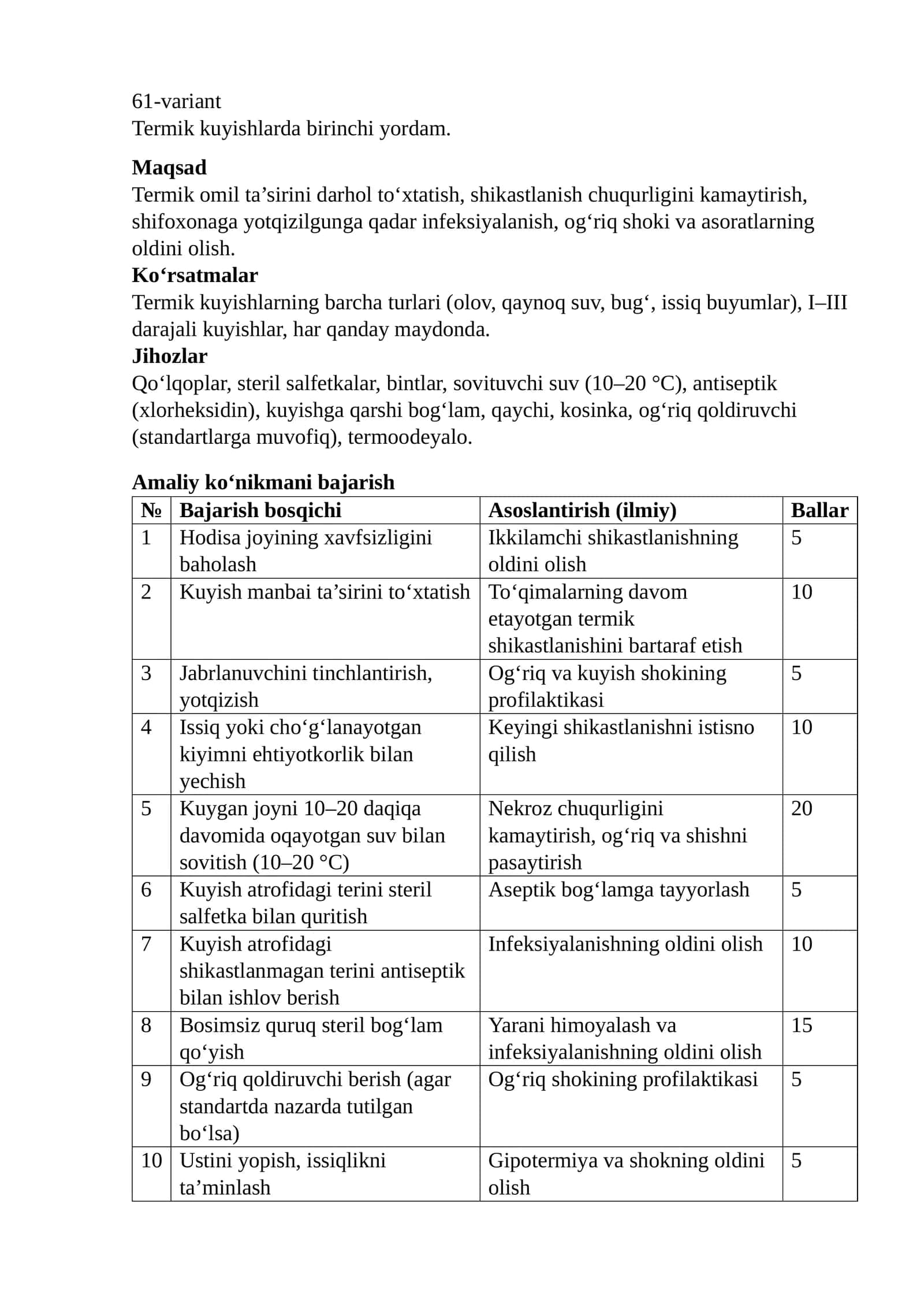 61-variant Termik kuyishlarda birinchi yordam