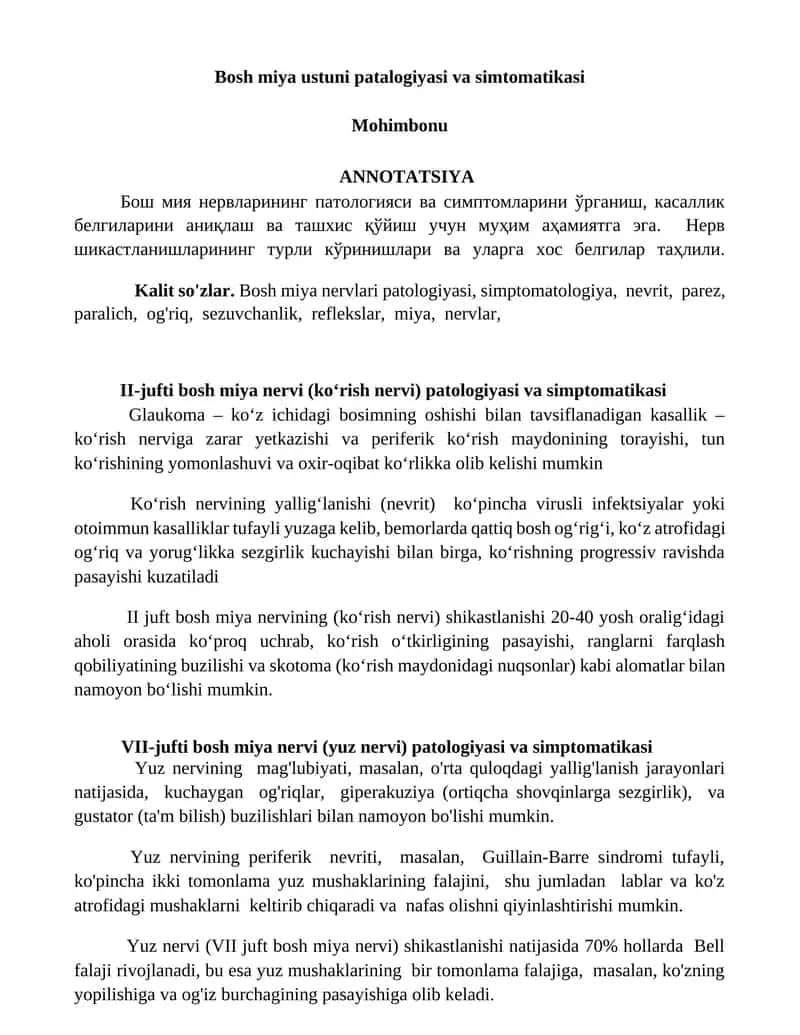 Bosh miya ustuni patalogiyasi va simtomatikasi