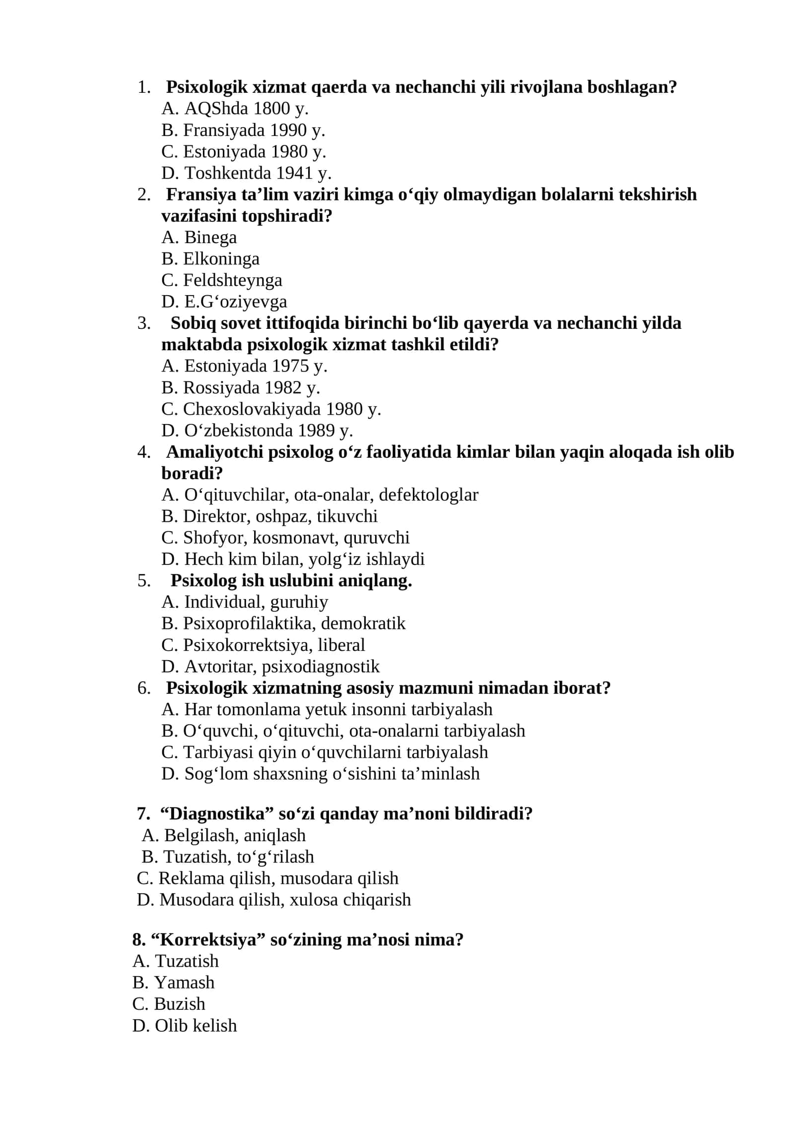 Psixologik konsultatsiya psixokorreksiya test