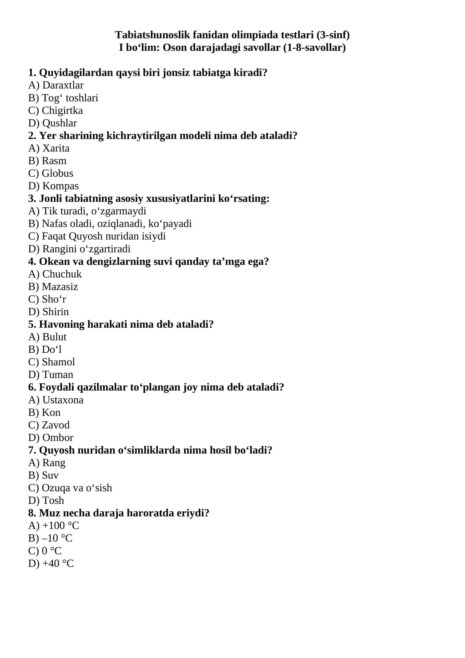 Tabiatshunoslik fanidan olimpiada testlari (3-sinf)