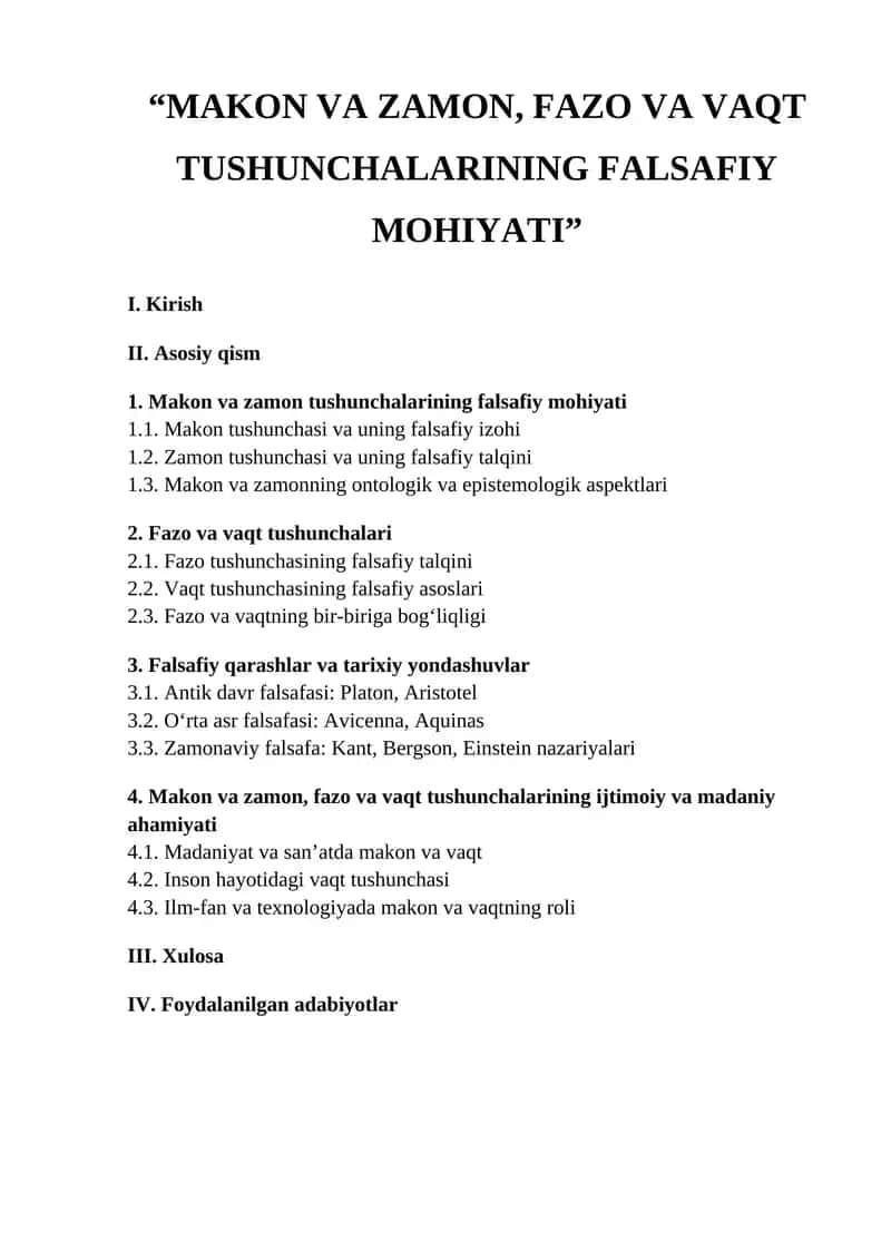 MAKON VA ZAMON, FAZO VA VAQT TUSHUNCHALARINING FALSAFIY MOHIYATI