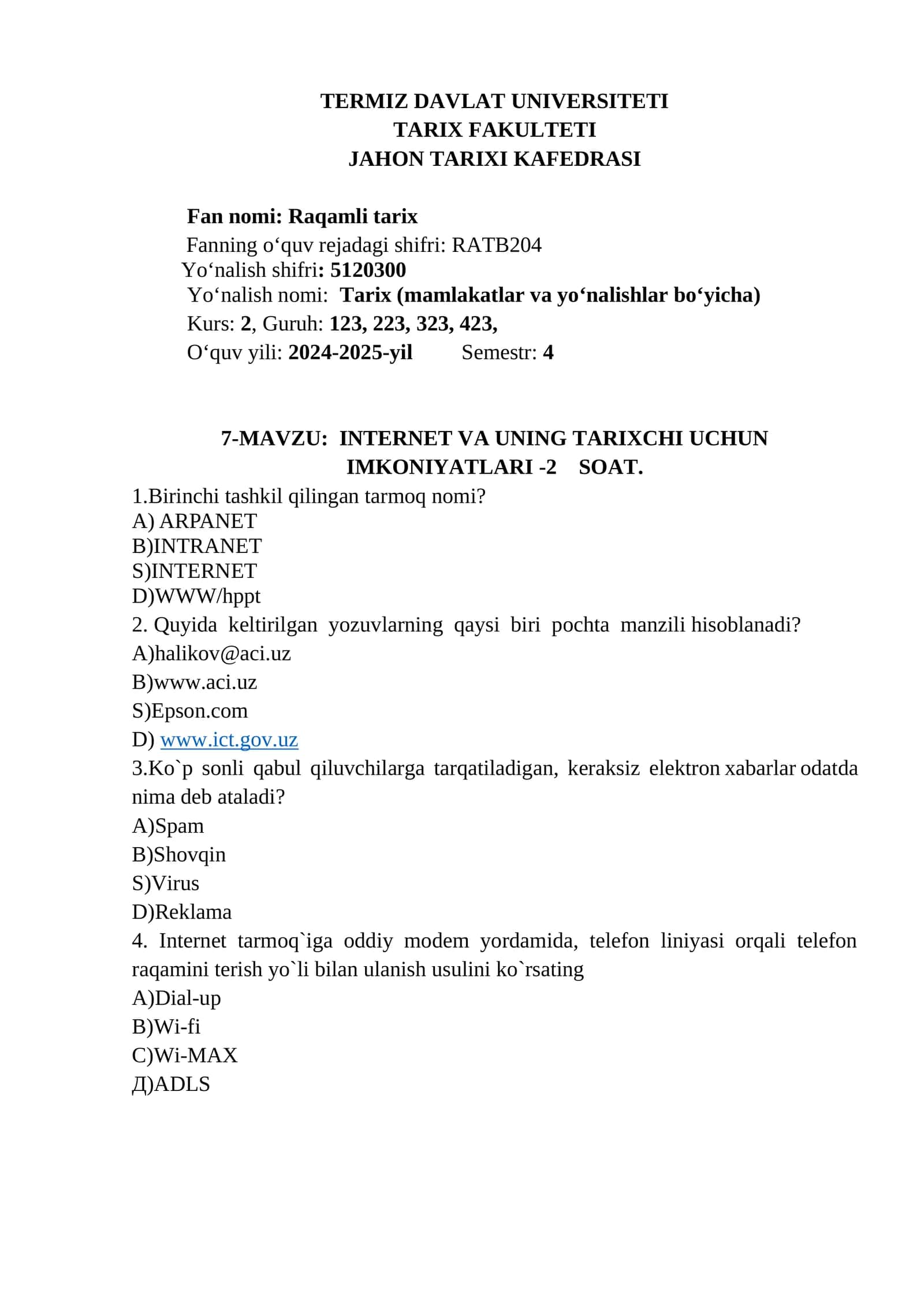 INTERNET VA UNING TARIXCHI UCHUN IMKONIYATLARI -2 SOAT
