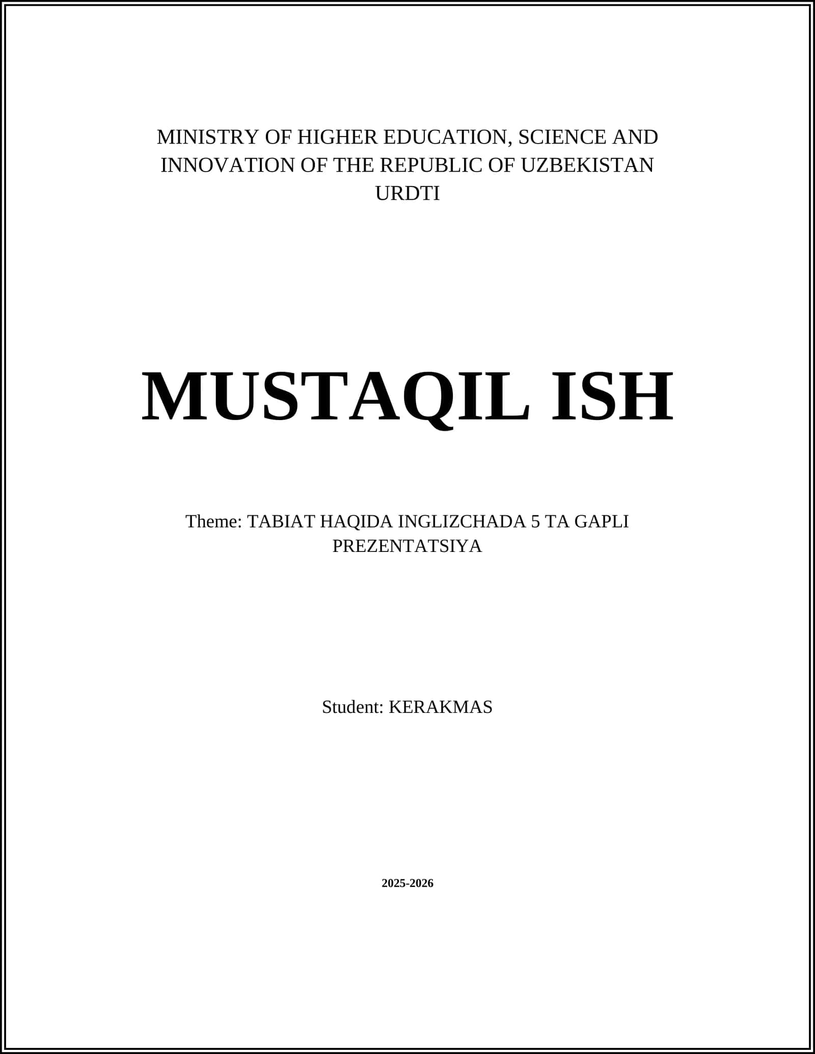 TABIAT HAQIDA INGLIZCHADA 5 TA GAPLI PREZENTATSIYA