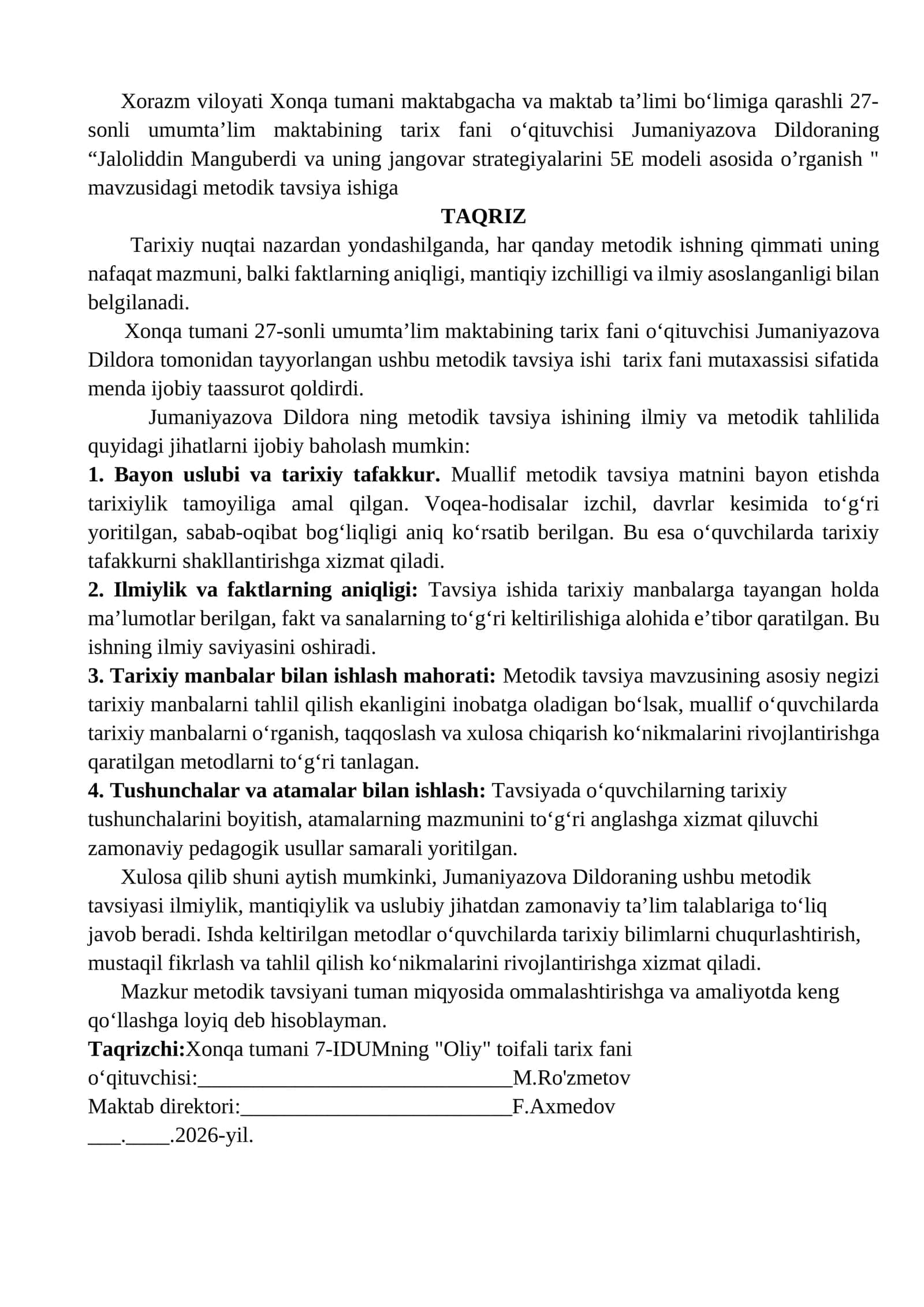 Metodik tavsiya ishiga taqriz tarix fanidan