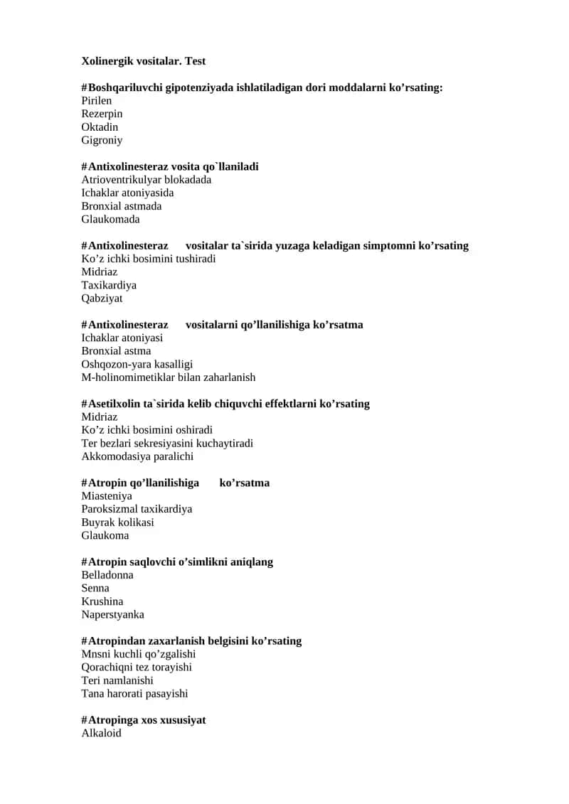 Xolinergik vositalar test