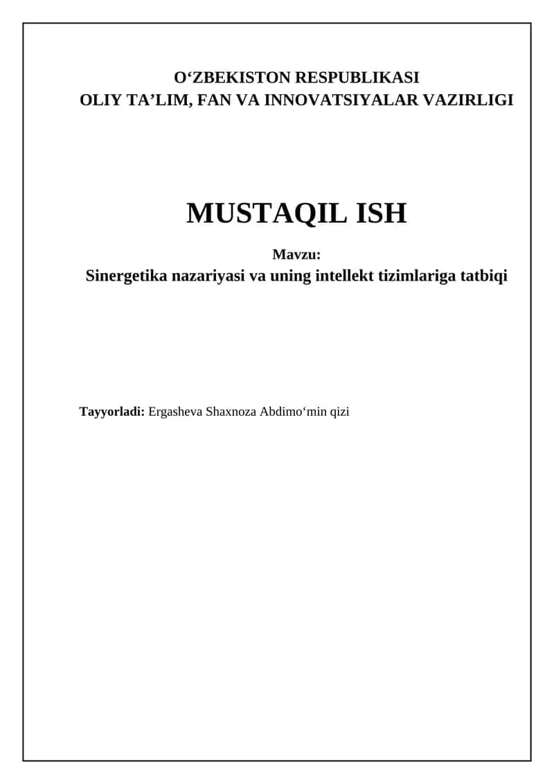 Sinergetika nazariyasi va uning intellekt tizimlariga tatbiqi