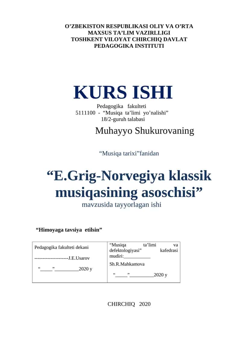 "Musiqiya ta'limi va defektologiyasi" mavzusida tayyorlangan ish