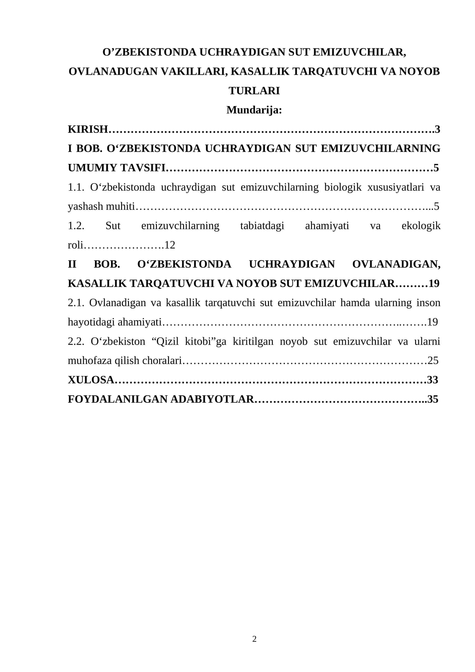 O’ZBEKISTONDA UCHRAYDIGAN SUT EMIZUVCHILAR, OVLANADUGAN VAKILLARI, KASALLIK TARQATUVCHI VA NOYOB TURLARI