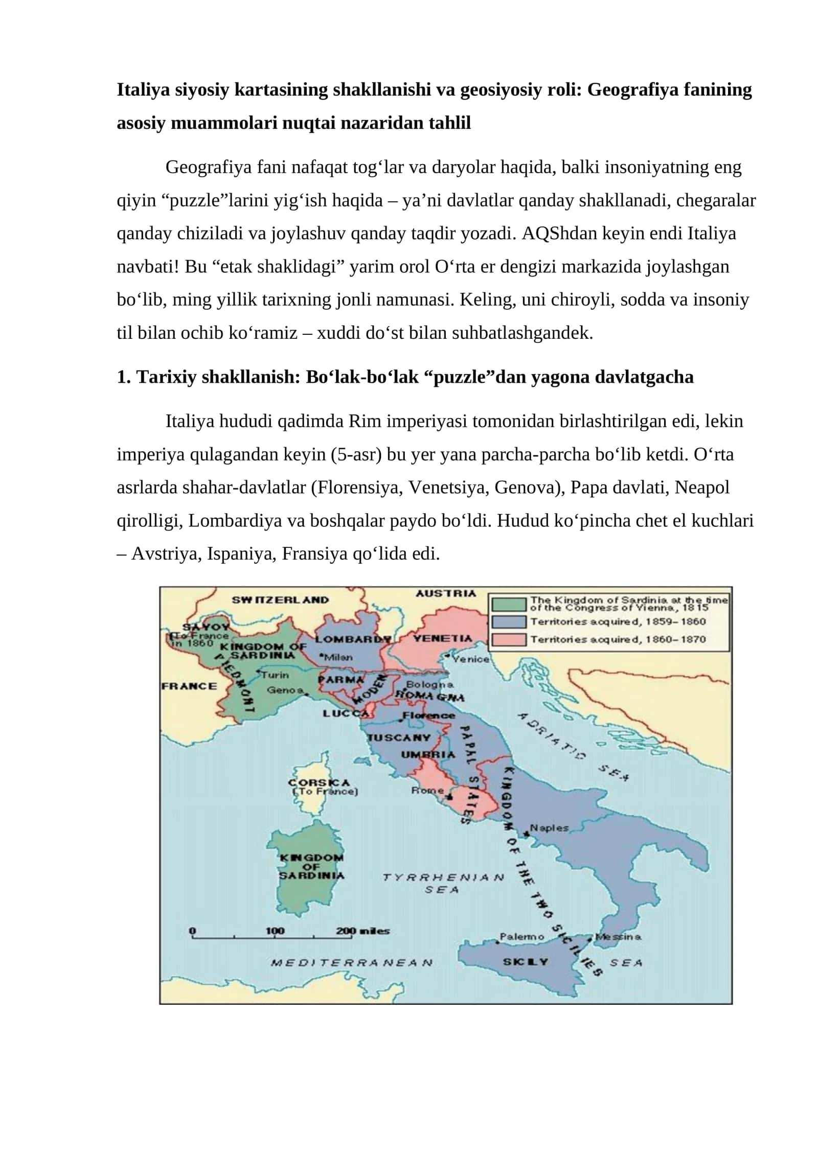 Italiya siyosiy kartasining shakllanishi va geosiyosiy roli