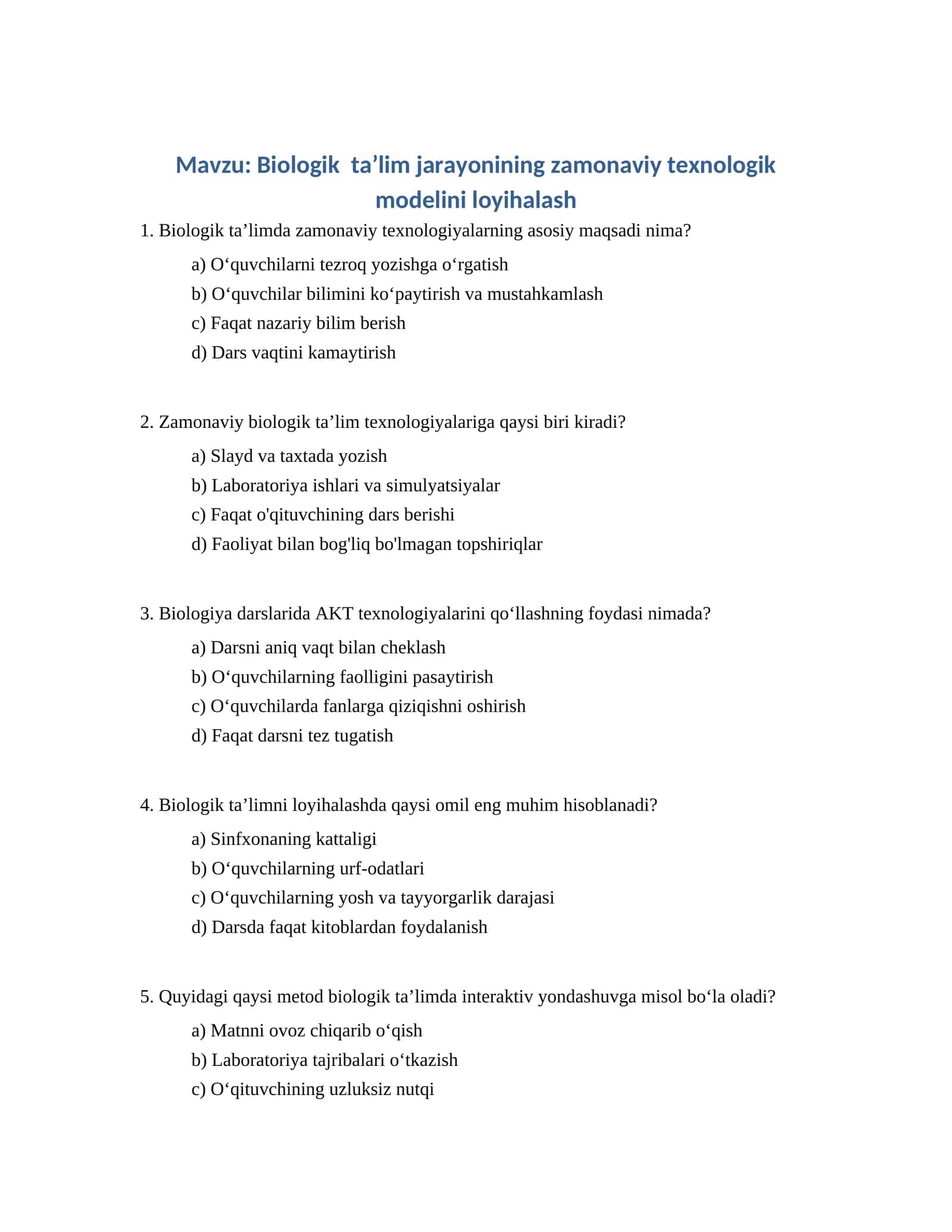 Biologik taʼlim jarayonining zamonaviy texnologik modelini loyihalash