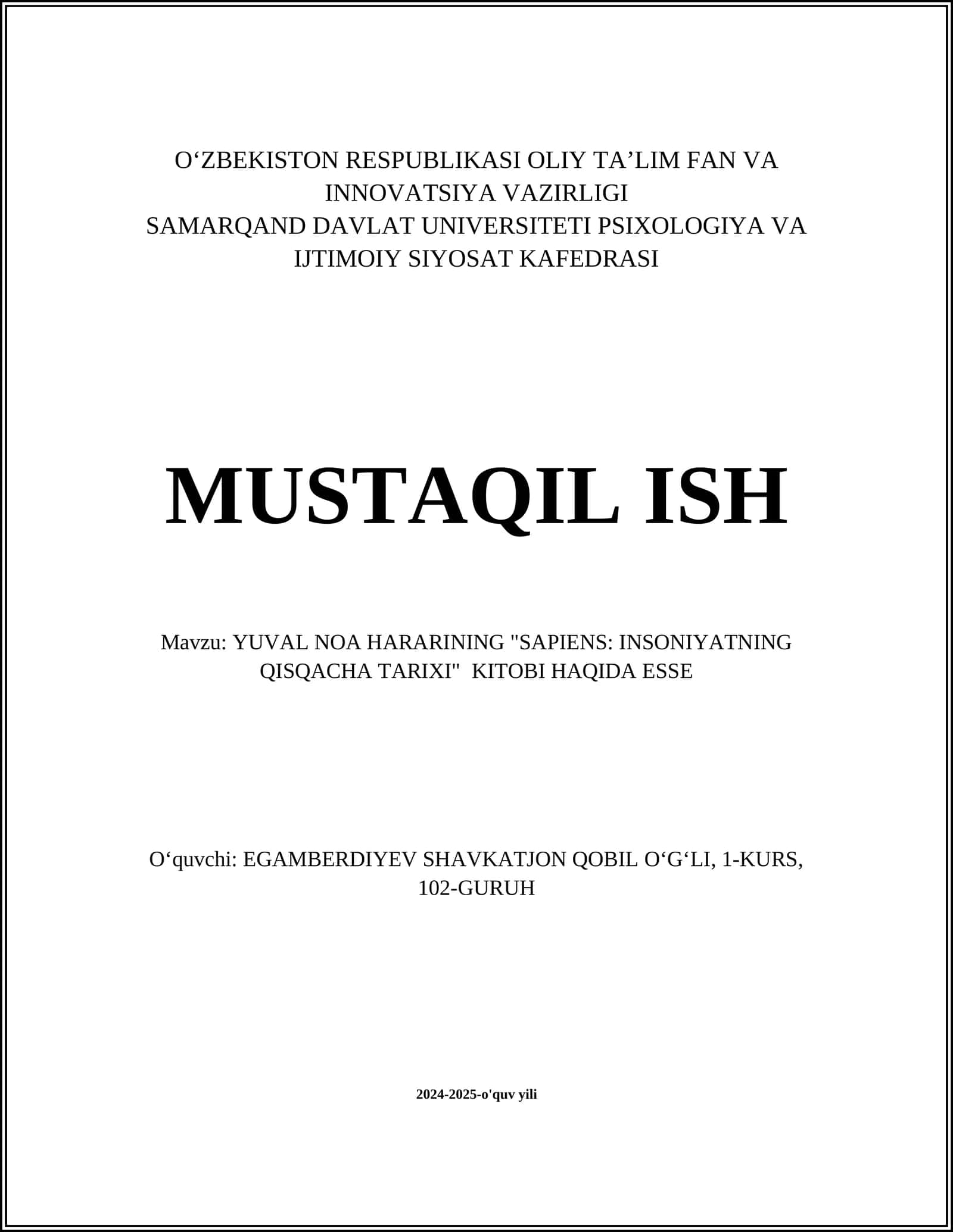 YUVAL NOA HARARINING "SAPIENS: INSONIYATNING QISQACHA TARIXI" KITOBI HAQIDA ESSE