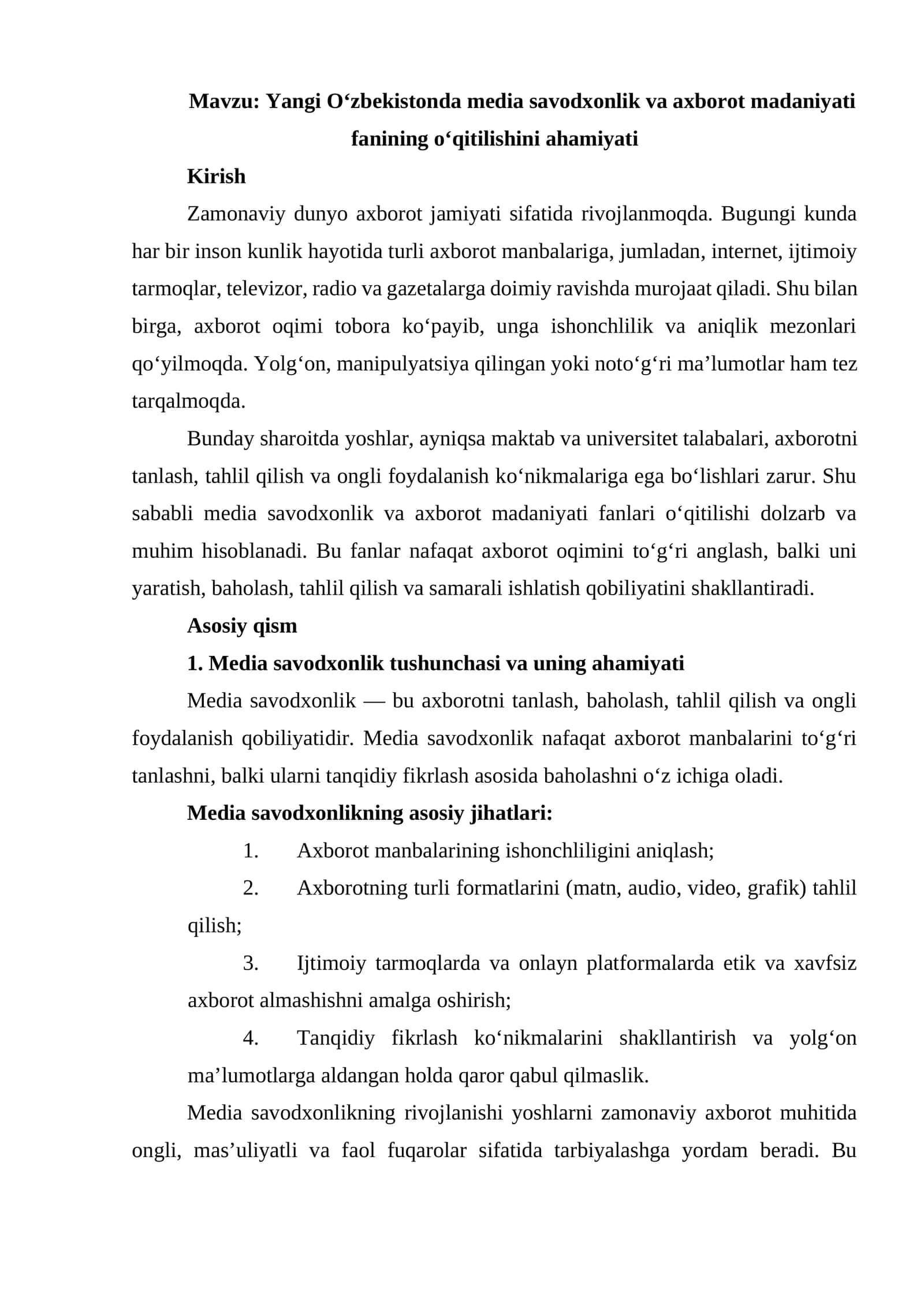 Yangi O‘zbekistonda media savodxonlik va axborot madaniyati fanining o‘qitilishini ahamiyati