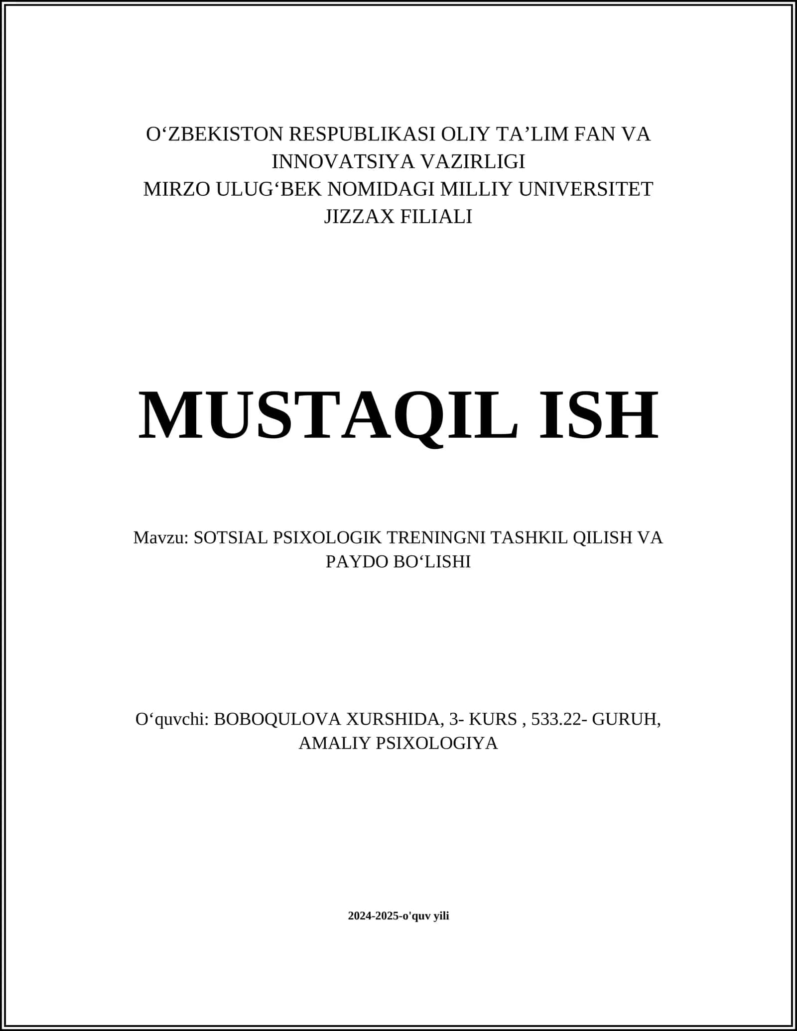 SOTSIAL PSIXOLOGIK TRENINGNI TASHKIL QILISH VA PAYDO BOʻLISHI