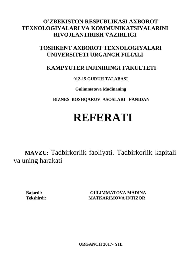 BIZNES BOSHQARUV ASOSLARI FANIDAN REFERATI