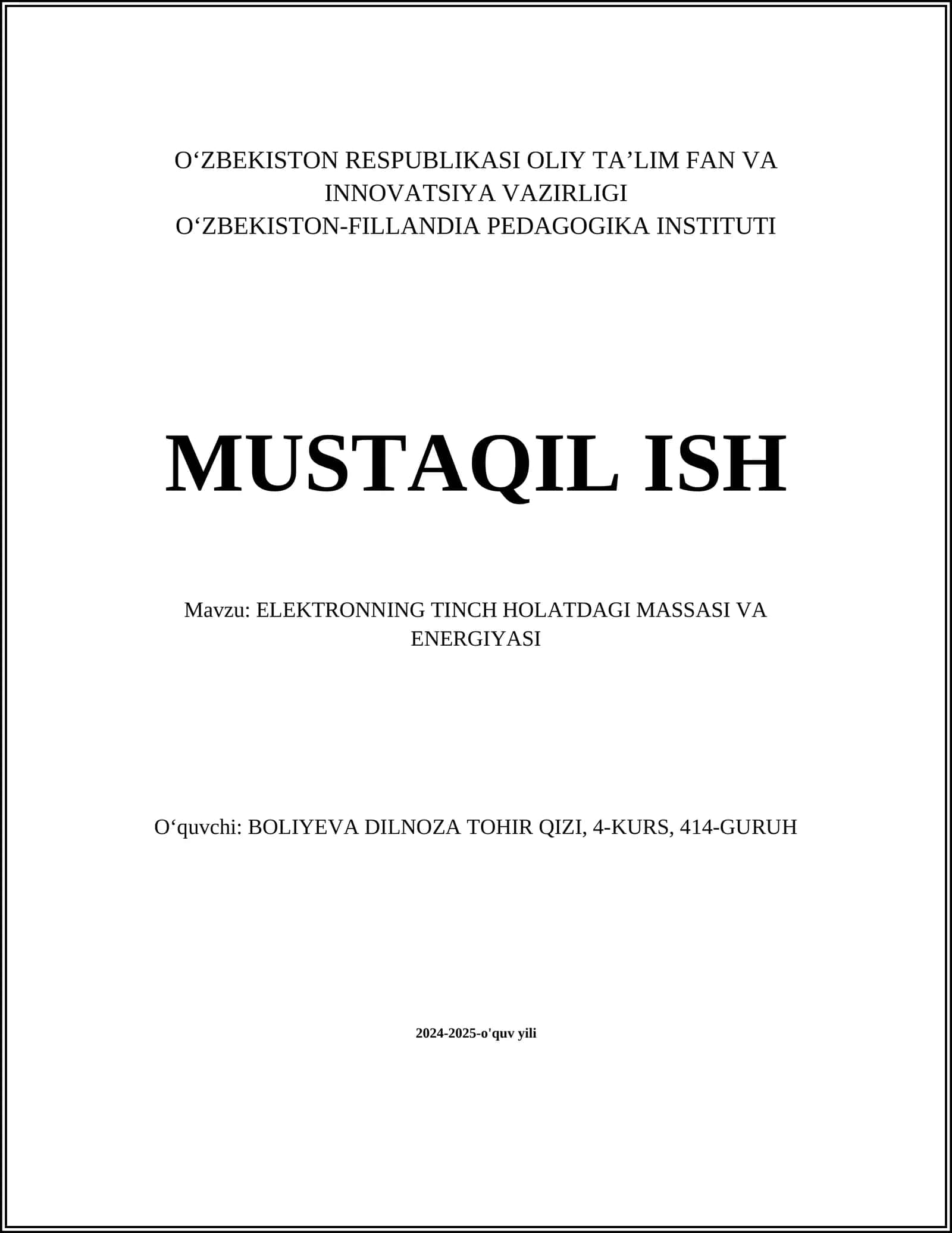 ELEKTRONNING TINCH HOLATDAGI MASSASI VA ENERGIYASI